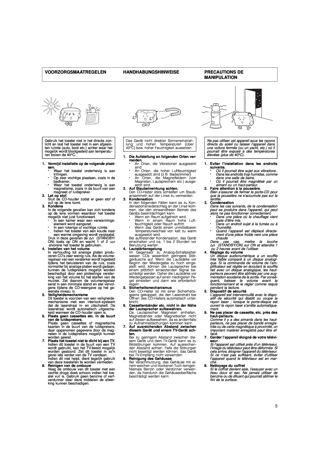 JVC DX-E55 manual Voorzorgsmaatregelen, Handhabungshinweise, Precautions De, Manipulation 