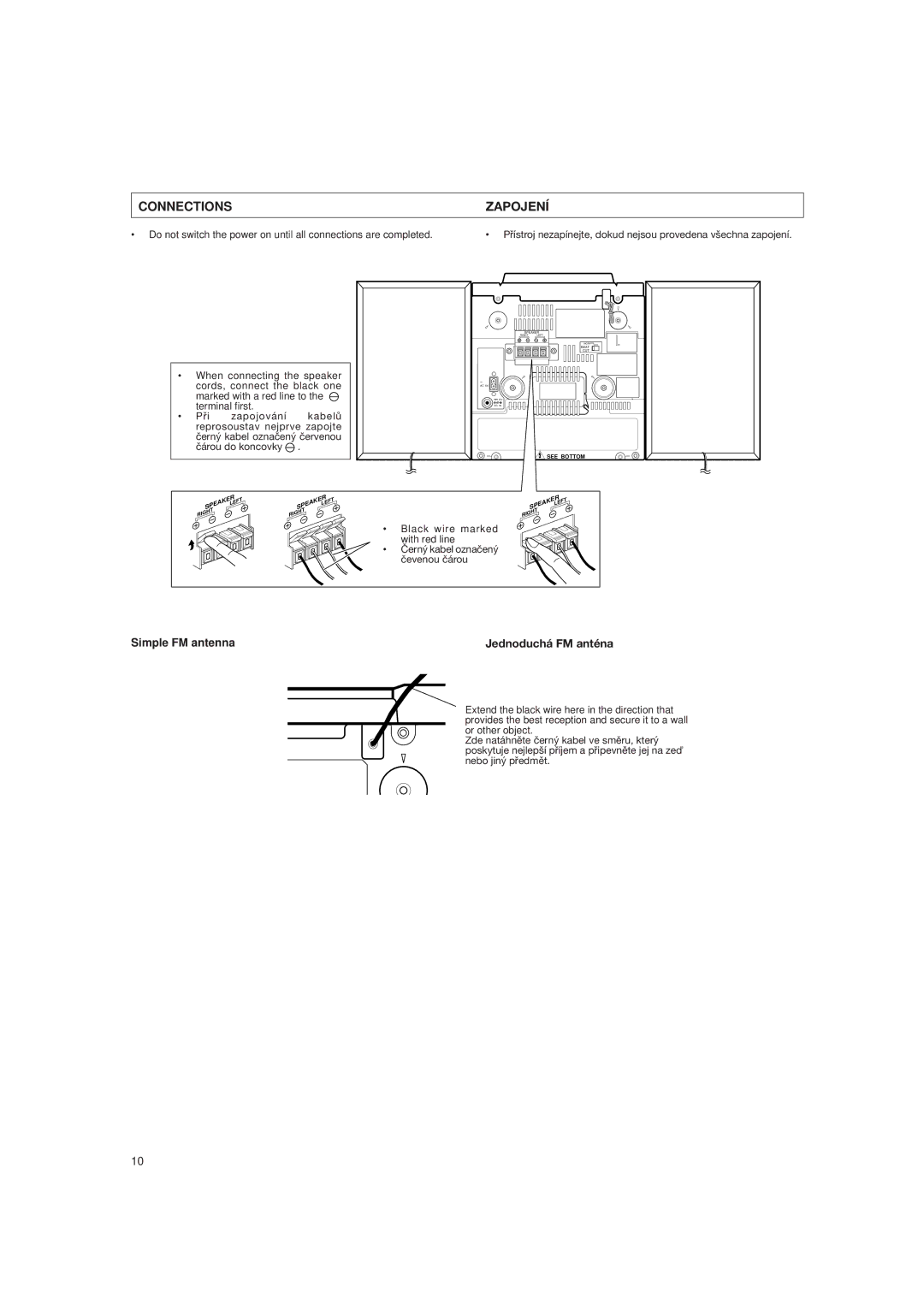 JVC DX-E55EV manual Connections Zapojení, Simple FM antenna Jednoduchá FM anténa 