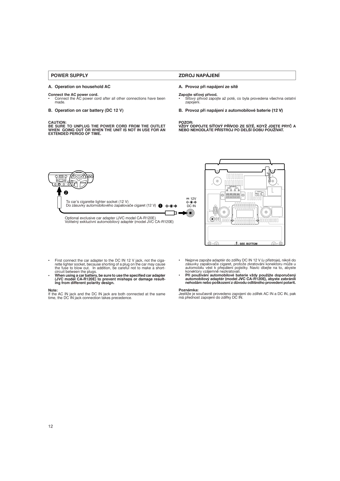 JVC DX-E55EV manual Power Supply Zdroj Napájení, Operation on household AC, Provoz pøi napájení ze sítì 