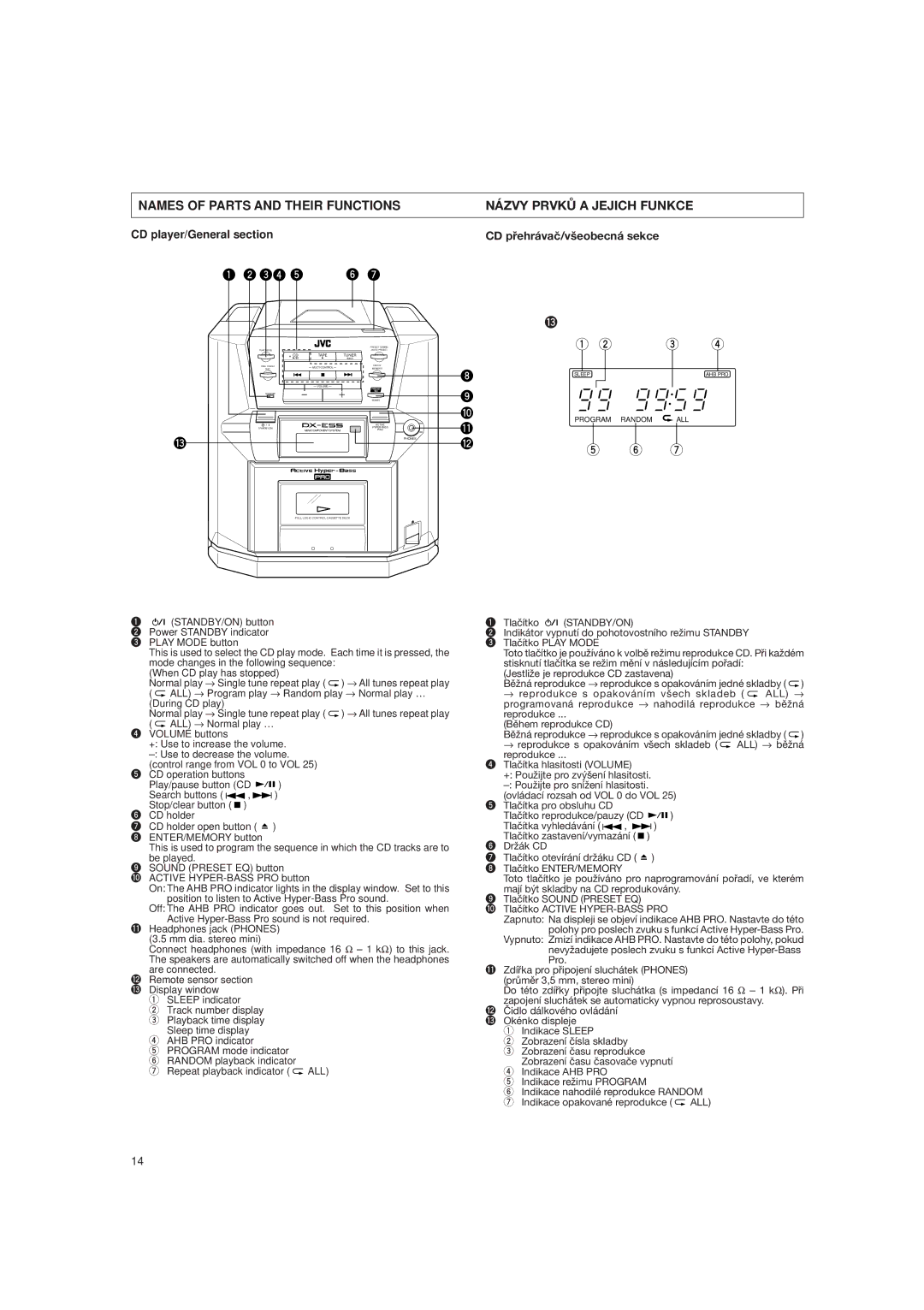 JVC DX-E55EV manual CD player/General section, CD pøehrávaè/v¹eobecná sekce 