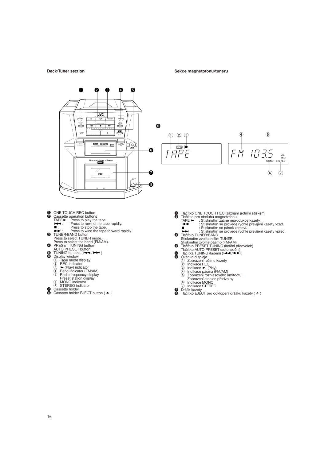 JVC DX-E55EV manual Deck/Tuner section Sekce magnetofonu/tuneru, Tape 