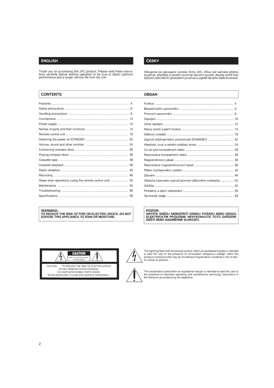 JVC DX-E55EV manual English Èesky, Contents Obsah 