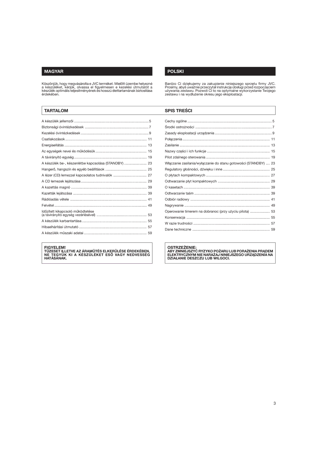 JVC DX-E55EV manual Magyar Polski, Tartalom Spis Treci 