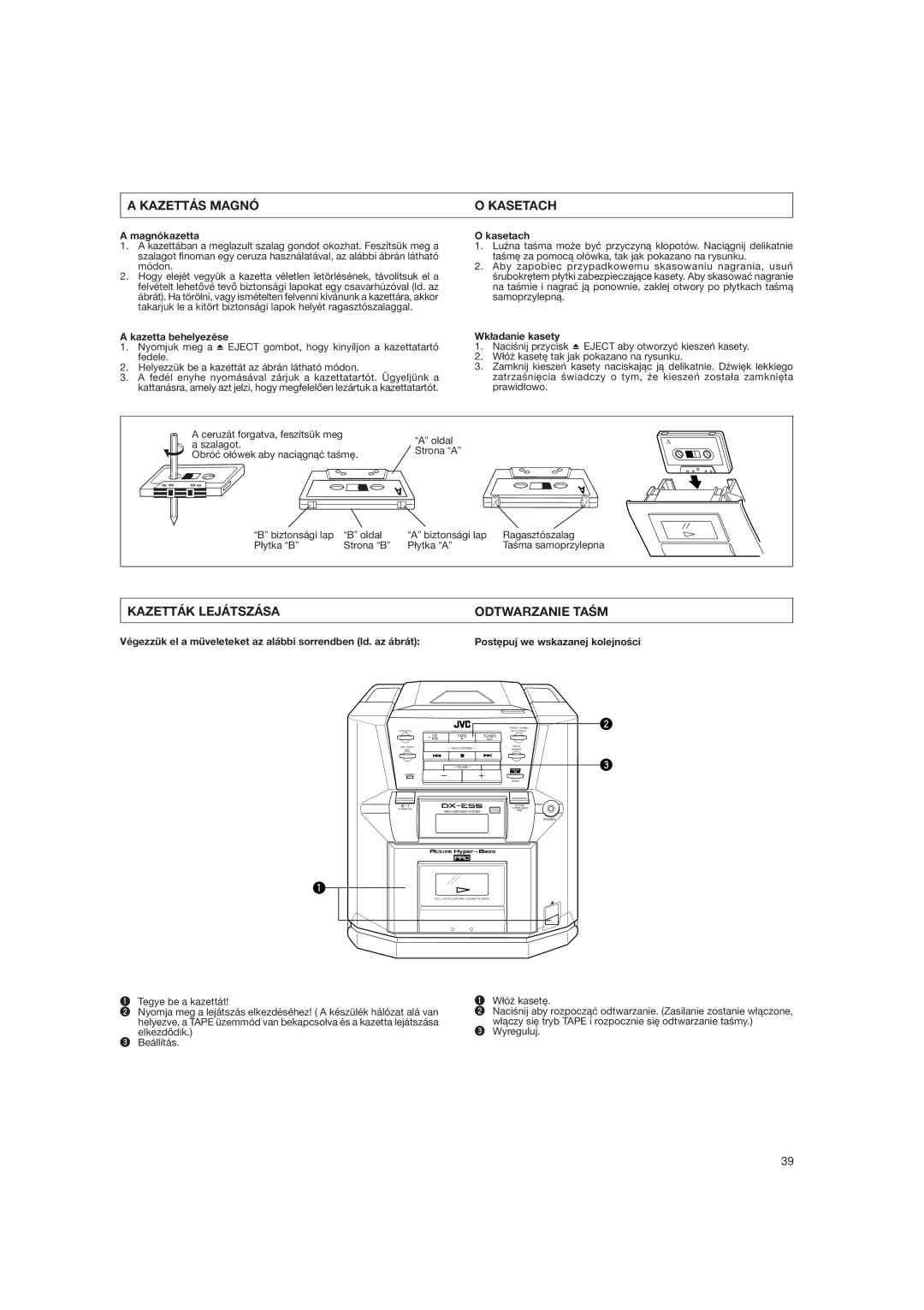 JVC DX-E55EV manual Kazettás Magnó Kasetach, Kazetták Lejátszása Odtwarzanie TAM 