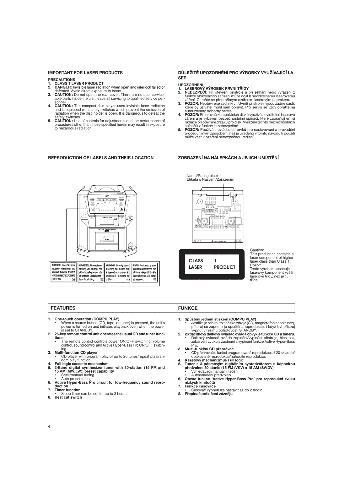 JVC DX-E55EV Features Funkce, Multi-funkèní CD pøehrávaè, Kazetový mechanizmus Full logic, Pøepínaè potlaèení záznìjù 