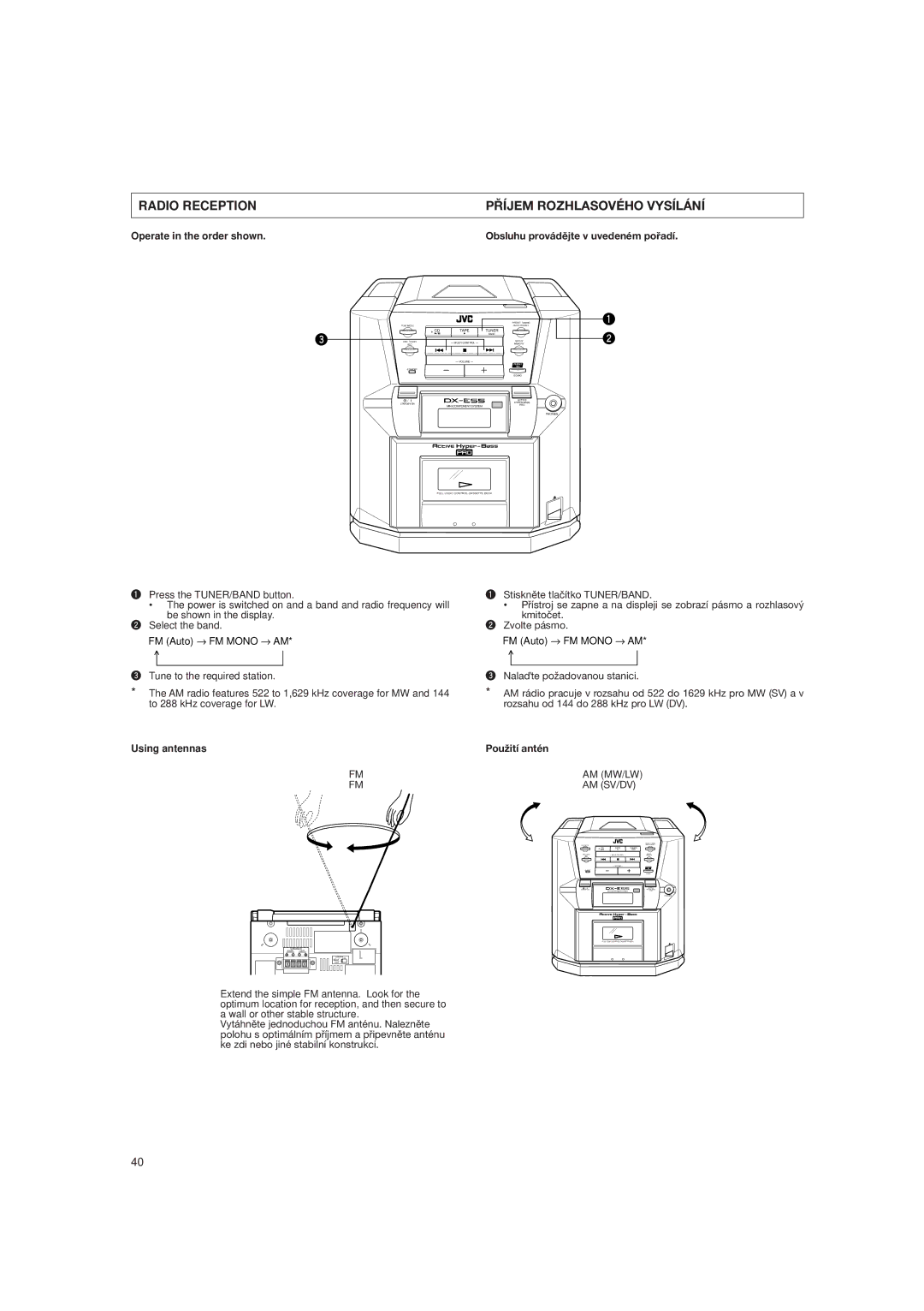 JVC DX-E55EV manual Radio Reception Pøíjem Rozhlasového Vysílání, Using antennas, Pou¾ití antén 