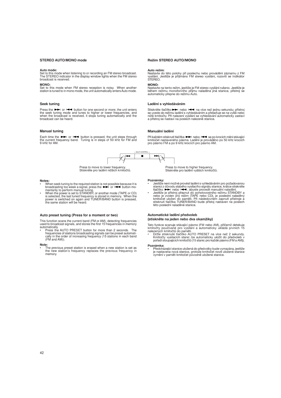 JVC DX-E55EV manual Re¾im Stereo AUTO/MONO, Ladìní s vyhledáváním, Manuální ladìní 