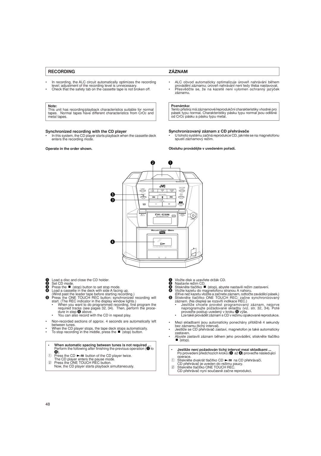 JVC DX-E55EV manual Recording Záznam, Synchronized recording with the CD player, Synchronizovaný záznam z CD pøehrávaèe 