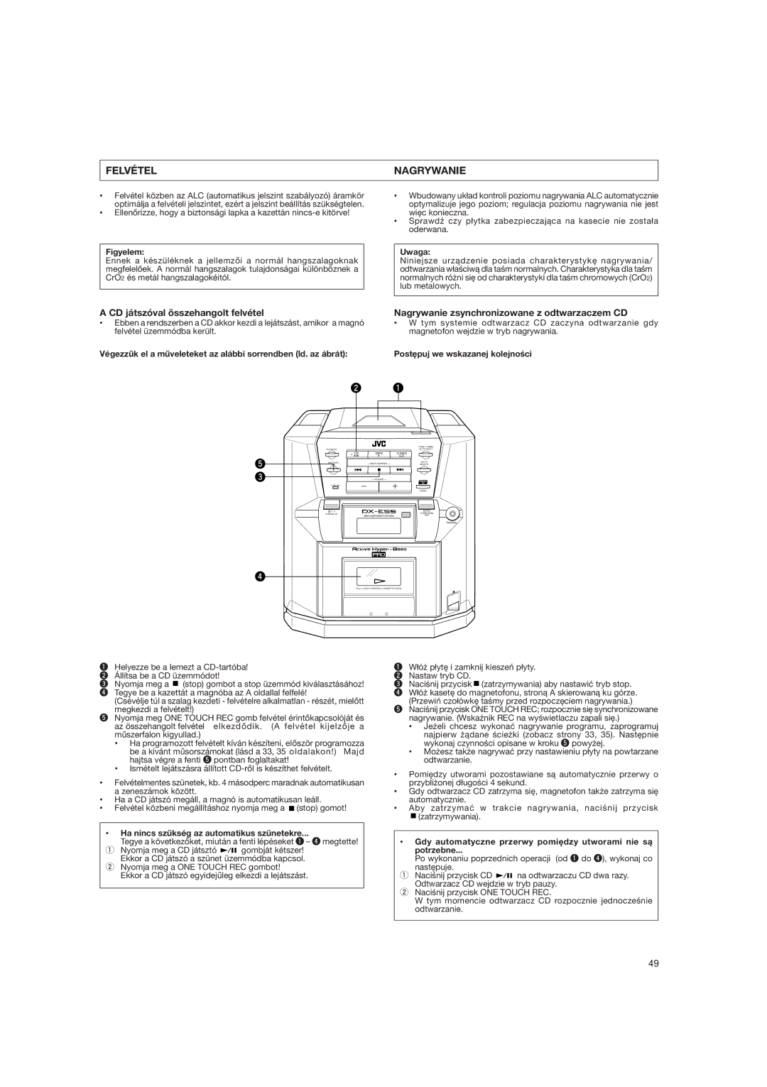 JVC DX-E55EV manual Felvétel Nagrywanie, Ha nincs szükség az automatikus szünetekre 