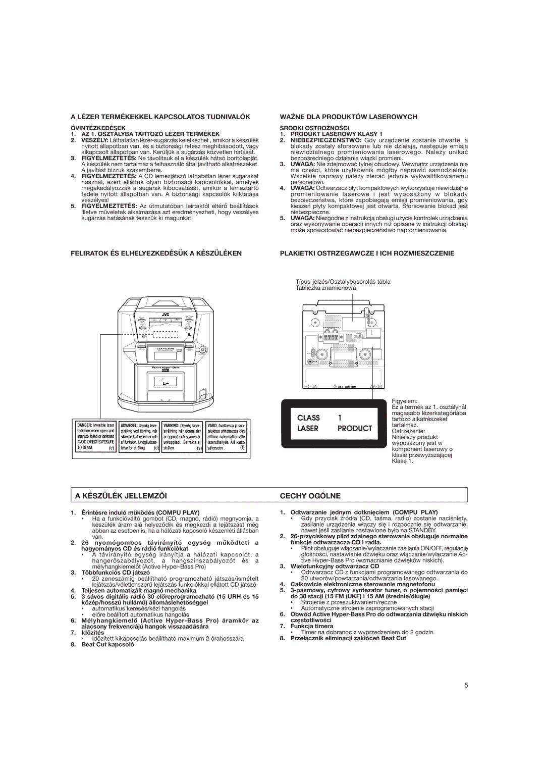 JVC DX-E55EV manual Készülék Jellemzõi Cechy Ogólne 