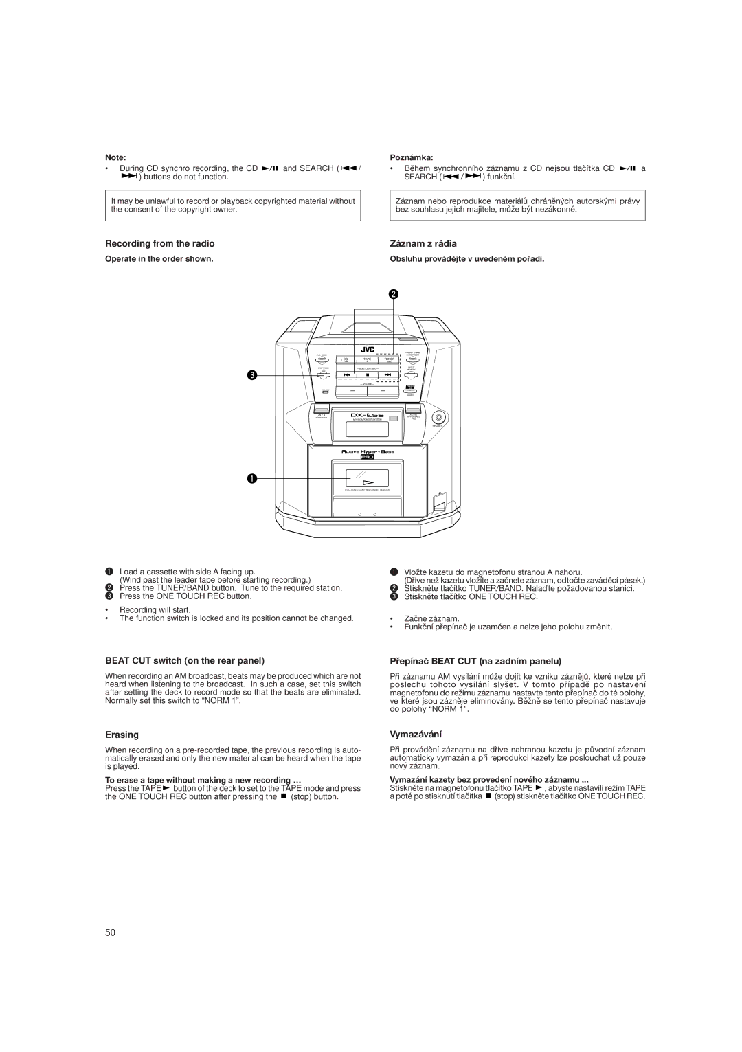 JVC DX-E55EV manual Záznam z rádia, Pøepínaè Beat CUT na zadním panelu, Vymazávání 