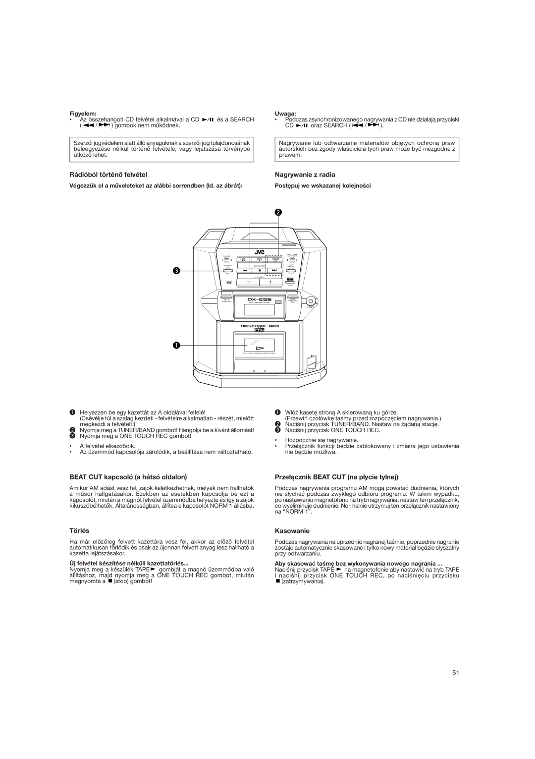 JVC DX-E55EV manual Rádióból történõ felvétel Nagrywanie z radia, Beat CUT kapcsoló a hátsó oldalon, Törlés, Kasowanie 