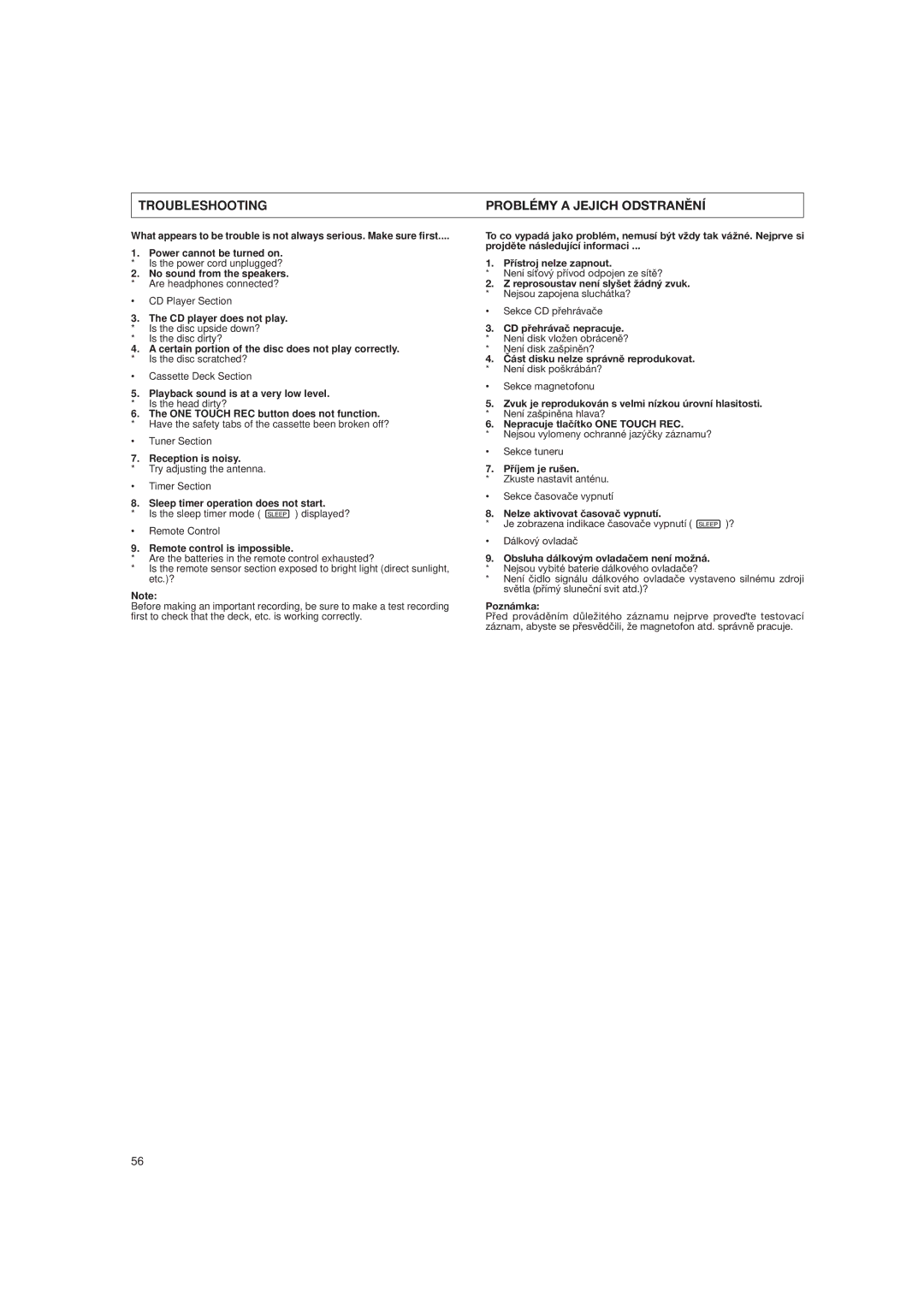 JVC DX-E55EV manual Troubleshooting Problémy a Jejich Odstranìní, Pøíjem je ru¹en, Nelze aktivovat èasovaè vypnutí 