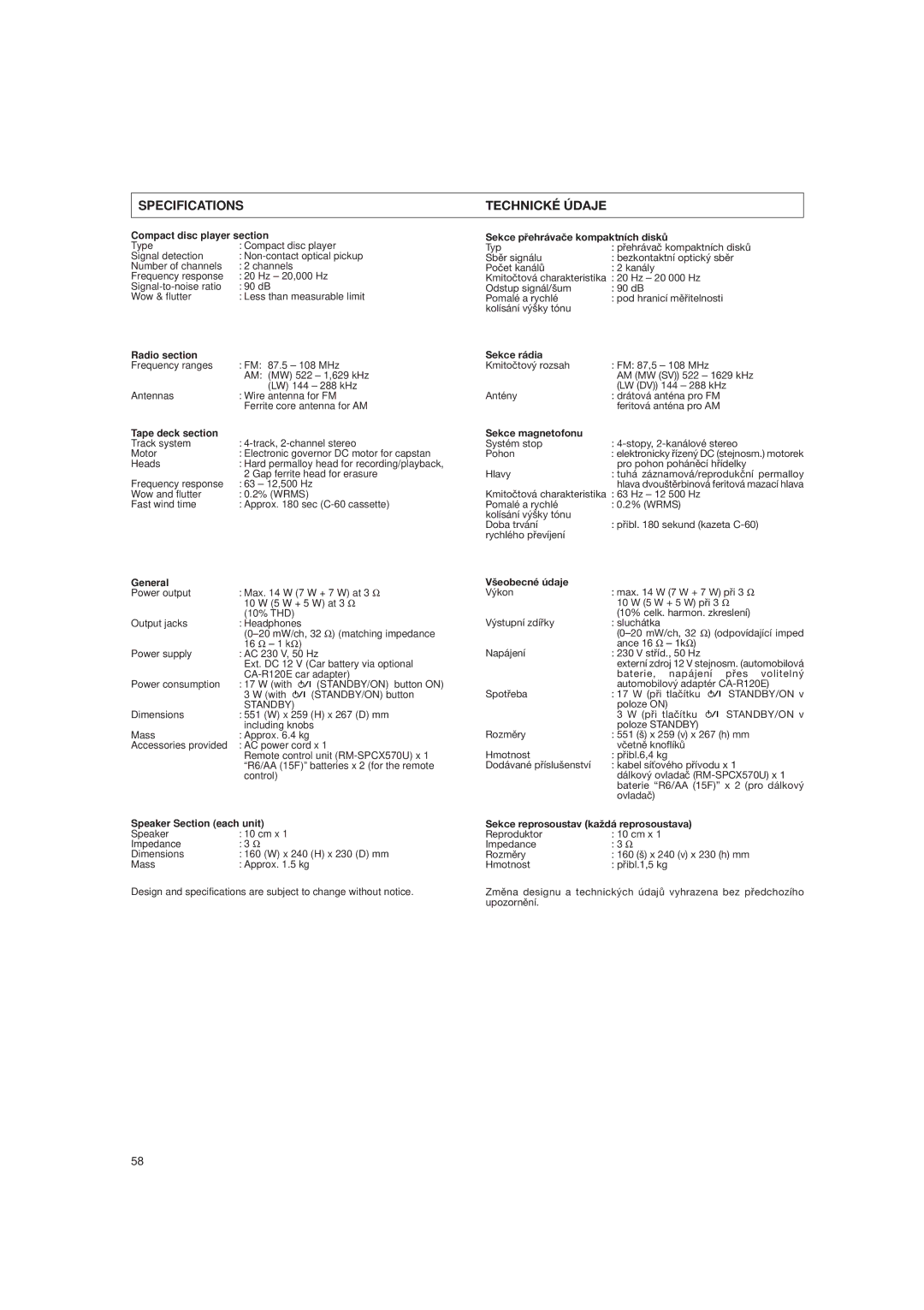 JVC DX-E55EV manual Specifications Technické Údaje 