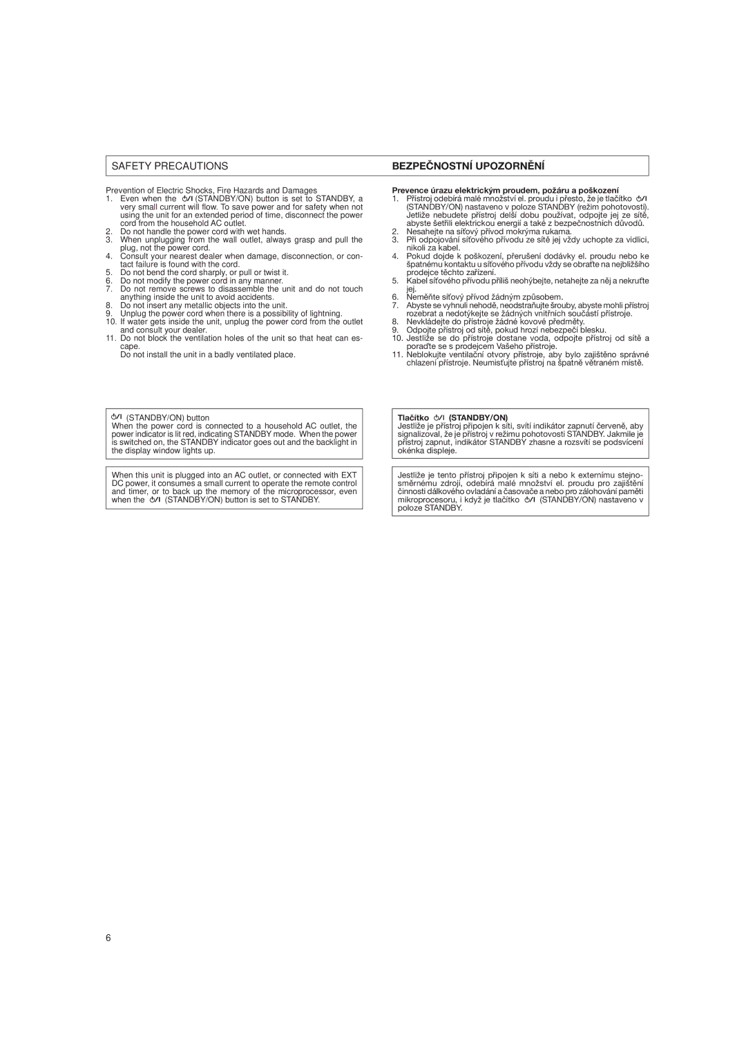 JVC DX-E55EV manual Safety Precautions Bezpeènostní Upozornìní, Prevention of Electric Shocks, Fire Hazards and Damages 