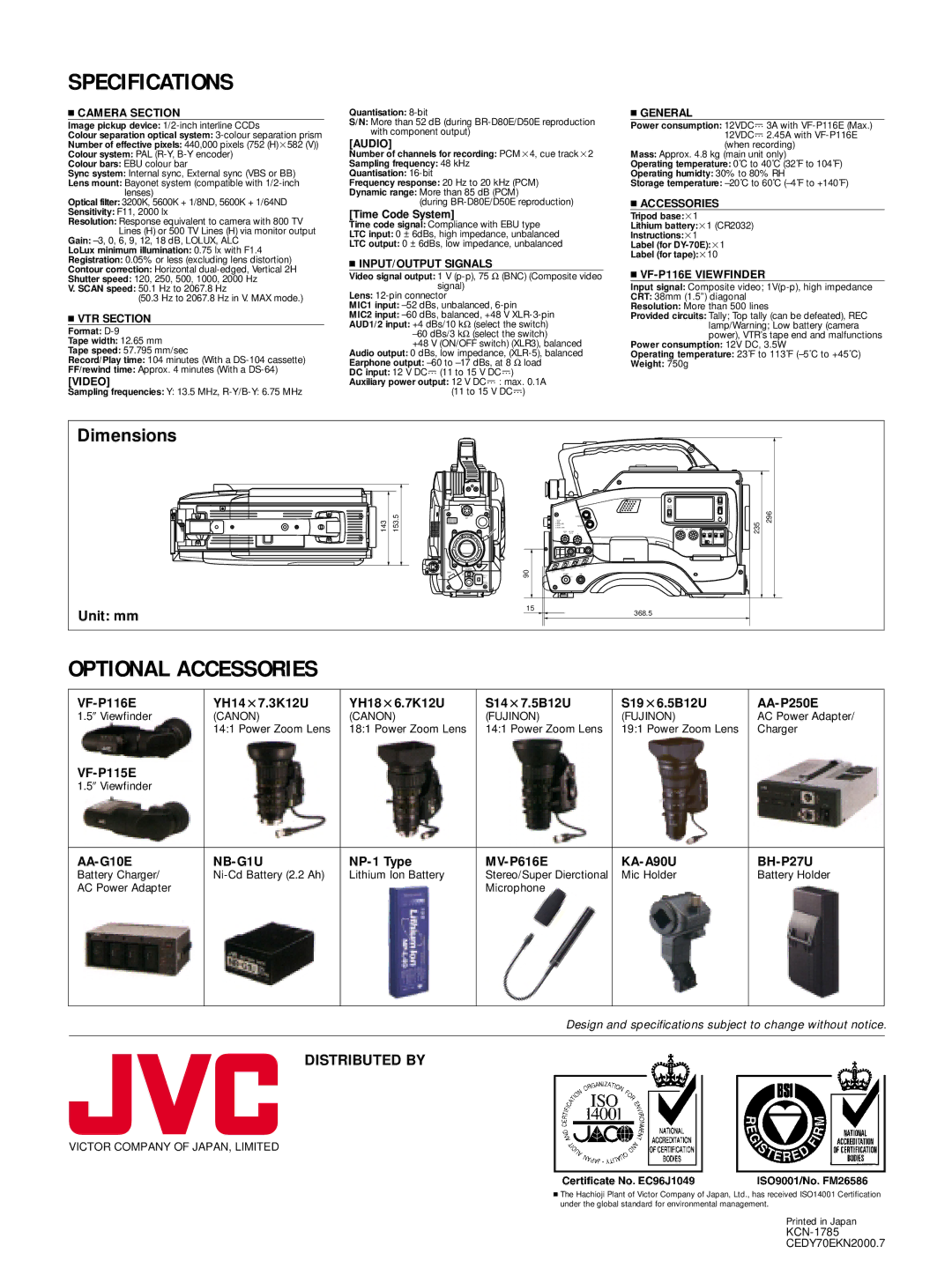 JVC DY-70E manual Specifications 