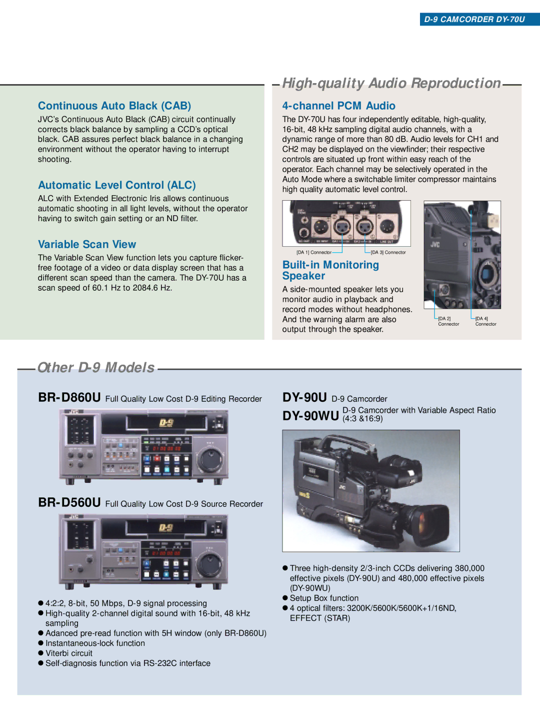 JVC DY-70U manual High-quality Audio Reproduction, Other D-9 Models 