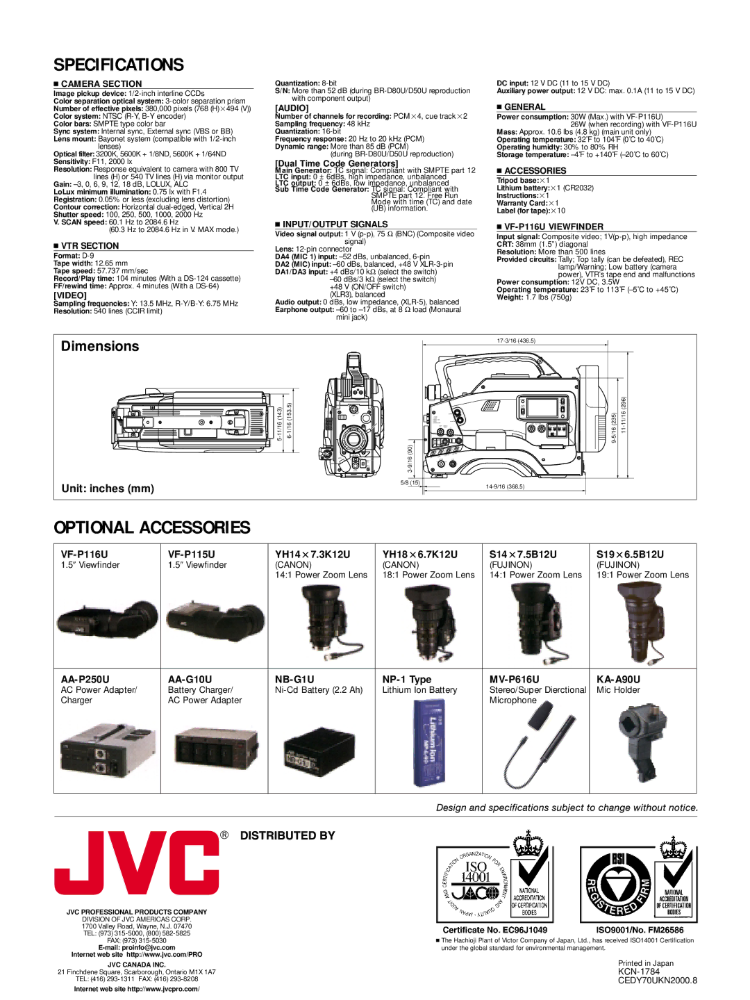 JVC DY-70U manual Specifications 