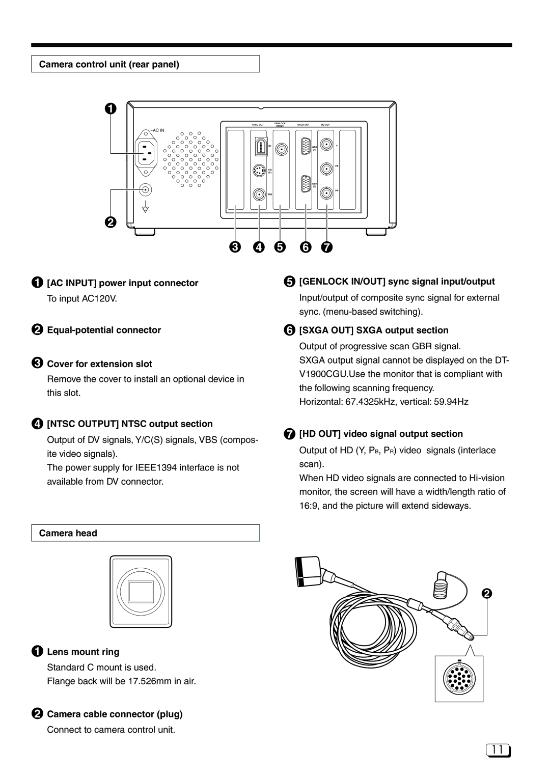 JVC DZ-VCA3U manual Camera control unit rear panel, Ntsc Output Ntsc output section, HD OUT video signal output section 