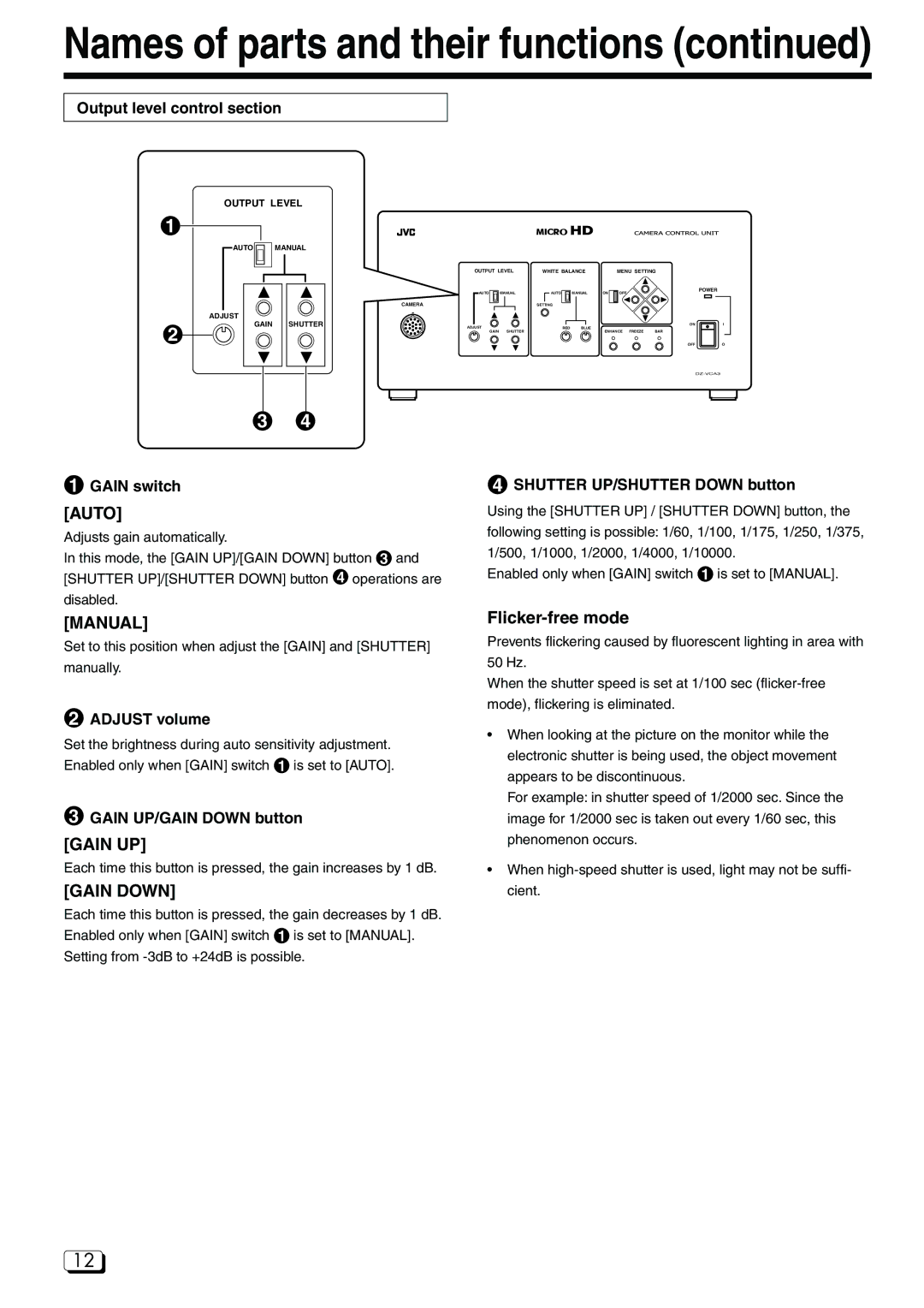 JVC DZ-VCA3U manual Output level control section, Gain switch, Adjust volume, Gain UP/GAIN Down button 