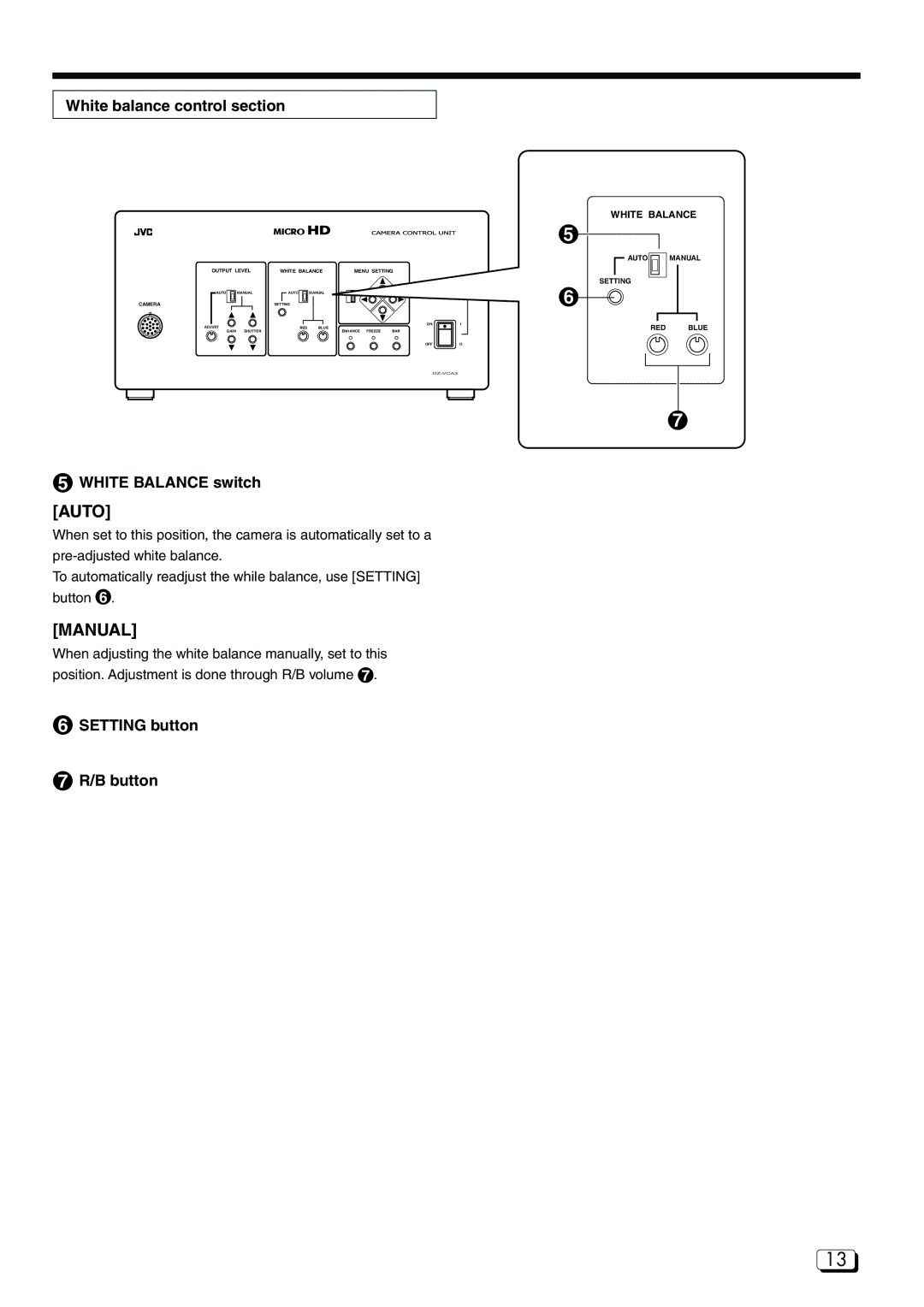 JVC DZ-VCA3U manual White balance control section, White Balance switch, Setting button B button 