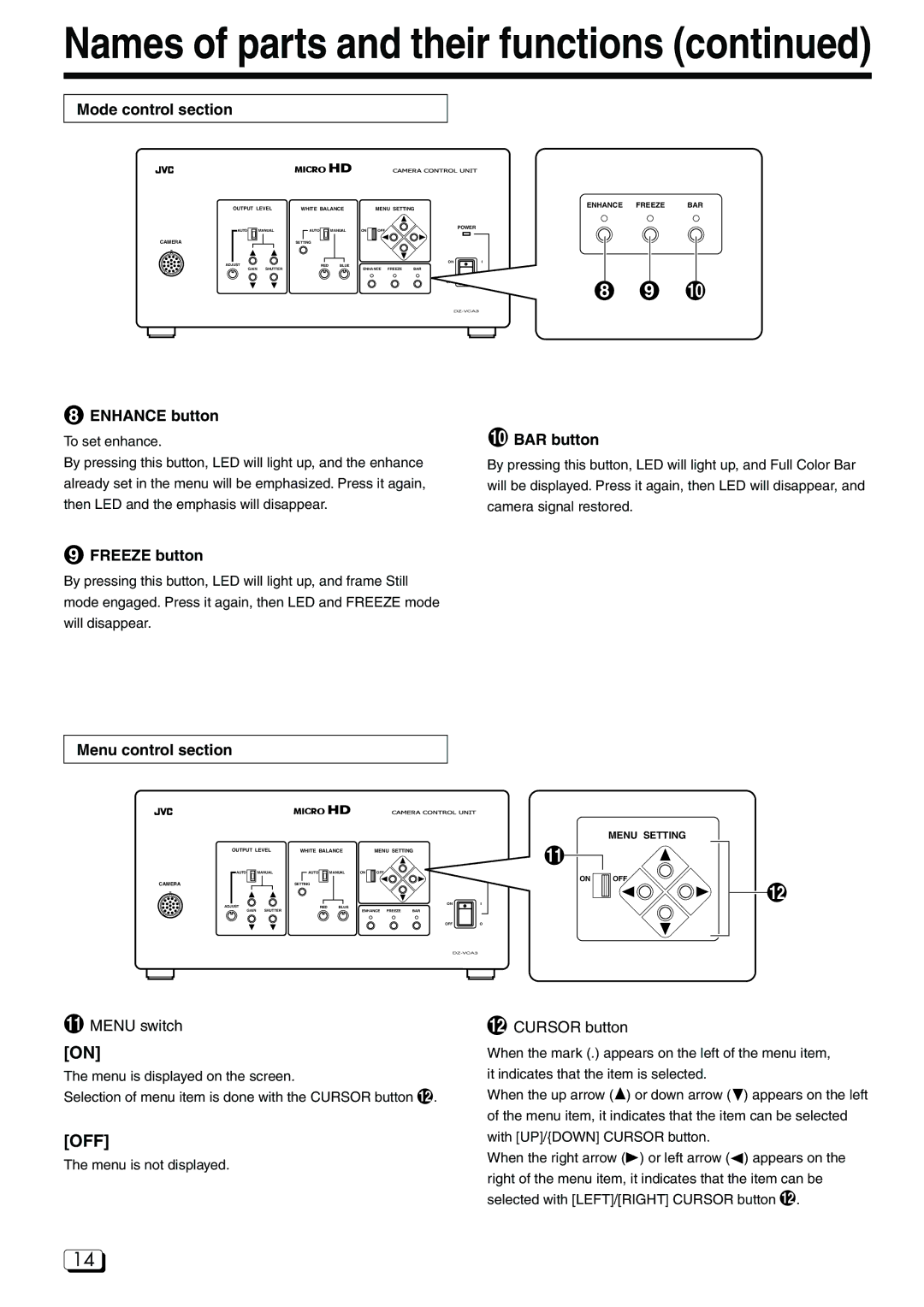 JVC DZ-VCA3U manual Enhance button, BAR button, Freeze button 
