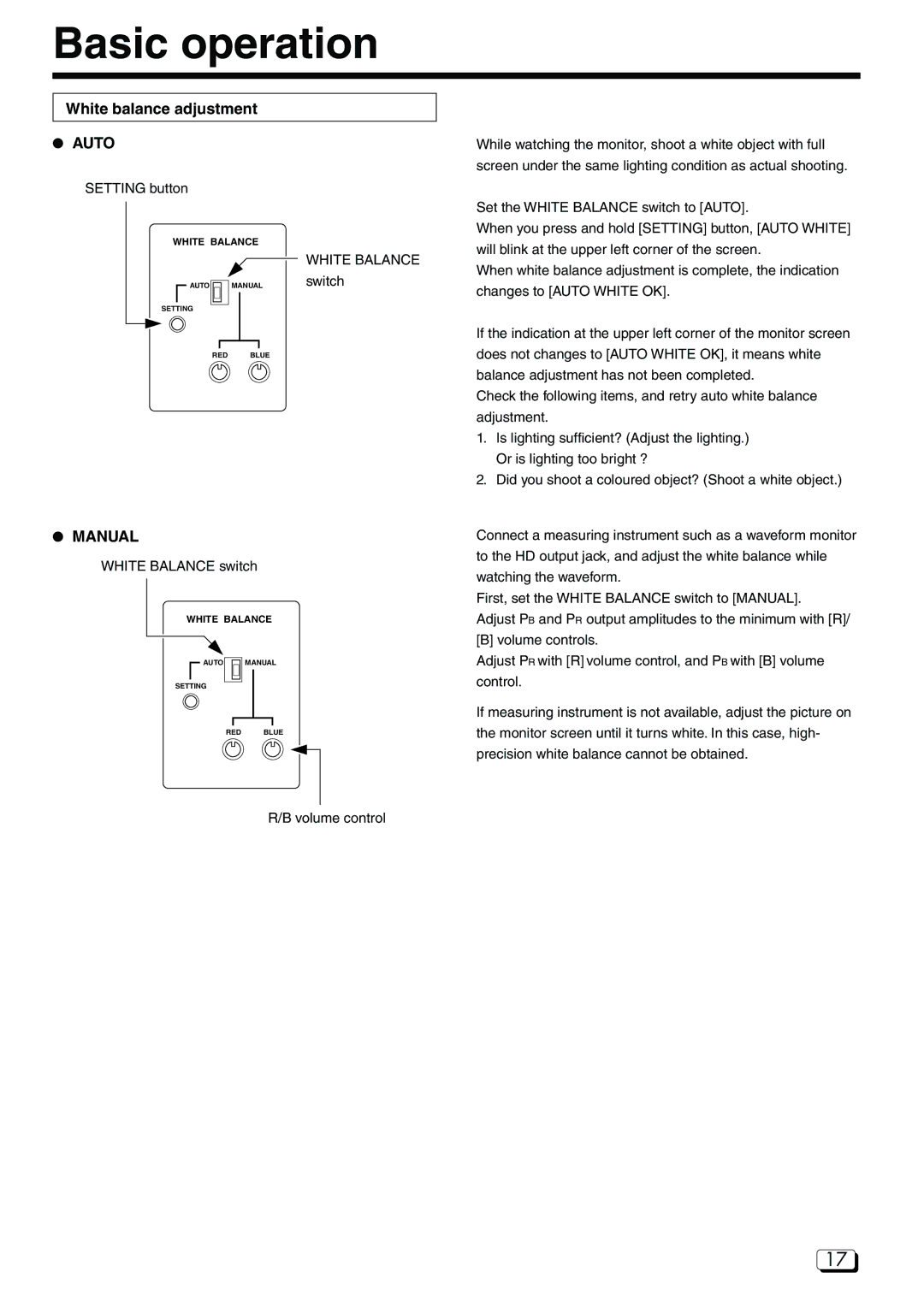 JVC DZ-VCA3U manual Basic operation, White balance adjustment Auto, Manual, White Balance 