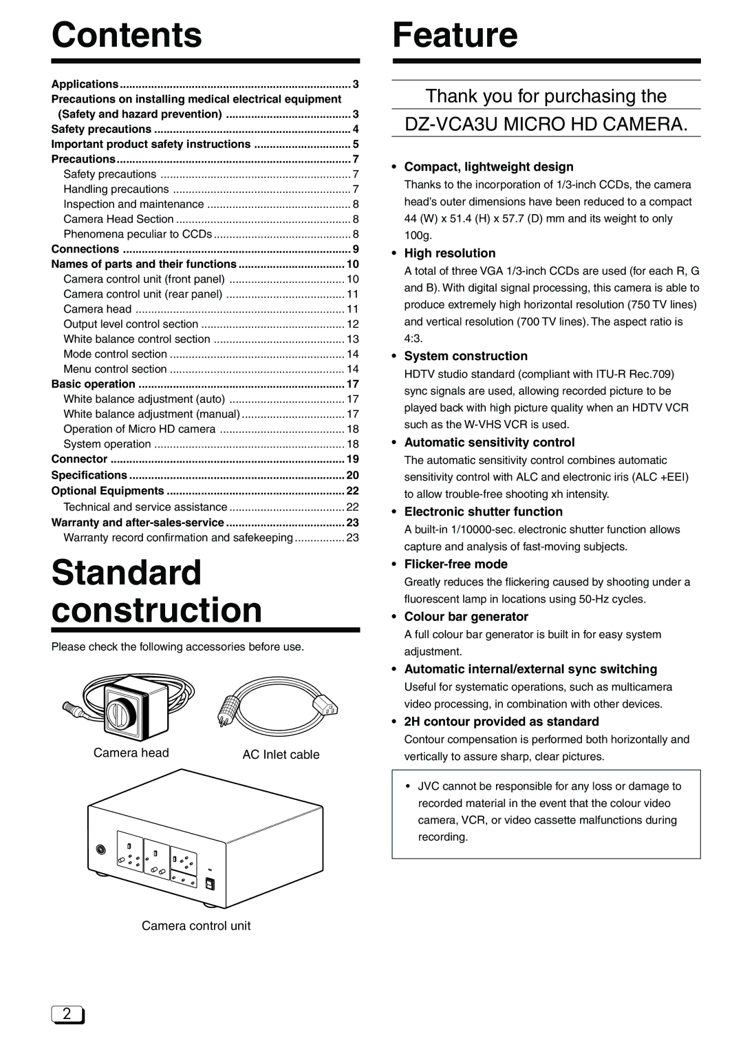 JVC DZ-VCA3U manual Contents Feature, Standard construction 