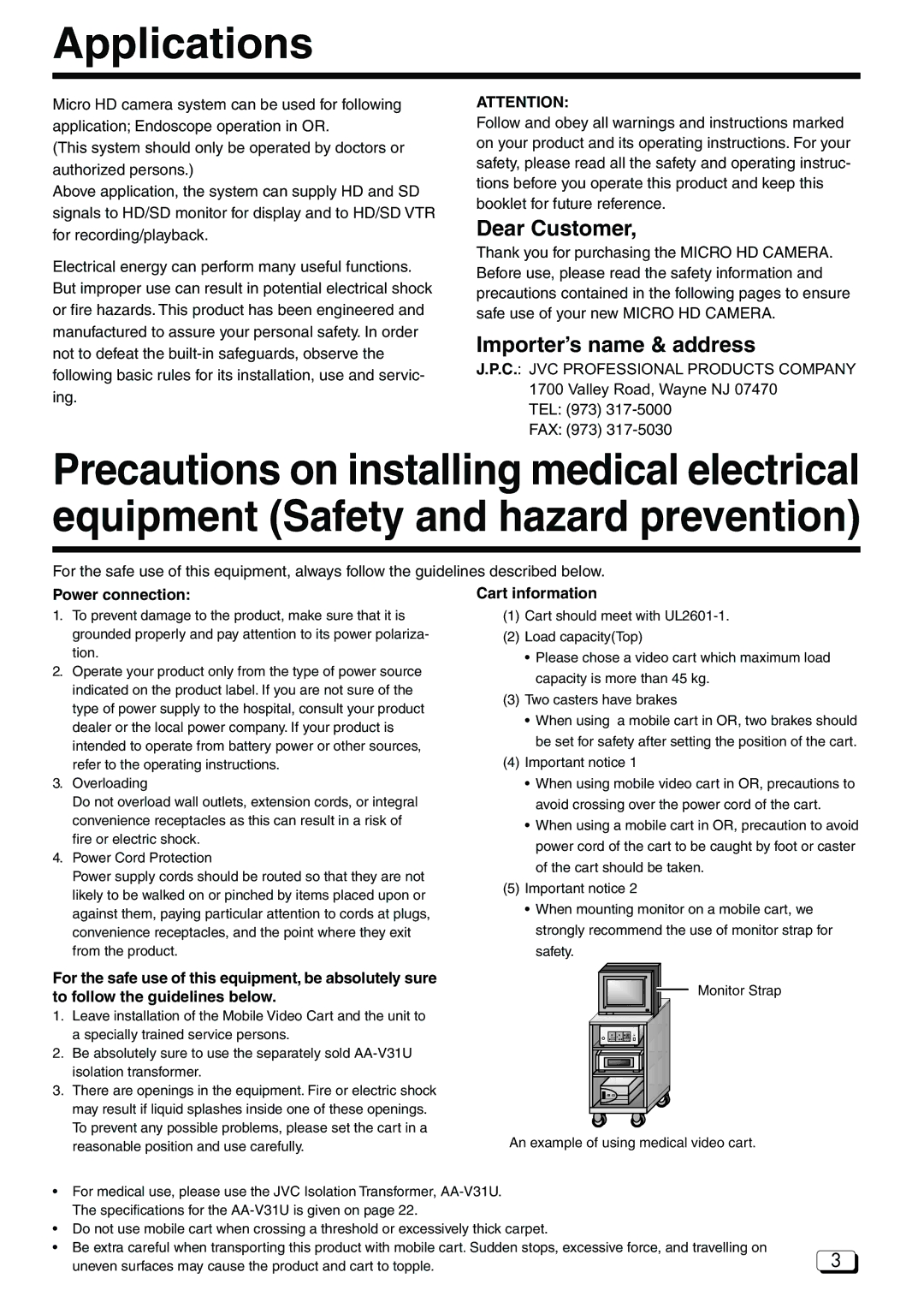 JVC DZ-VCA3U manual Applications, Power connection, Cart information 