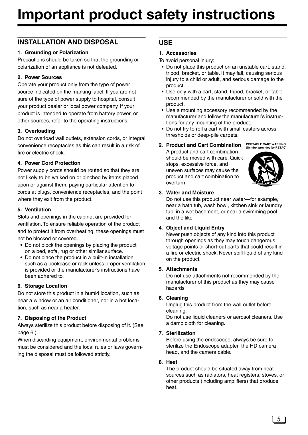 JVC DZ-VCA3U manual Important product safety instructions 