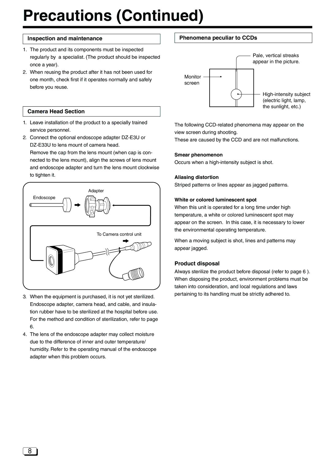 JVC DZ-VCA3U manual Inspection and maintenance, Camera Head Section, Phenomena peculiar to CCDs, Product disposal 