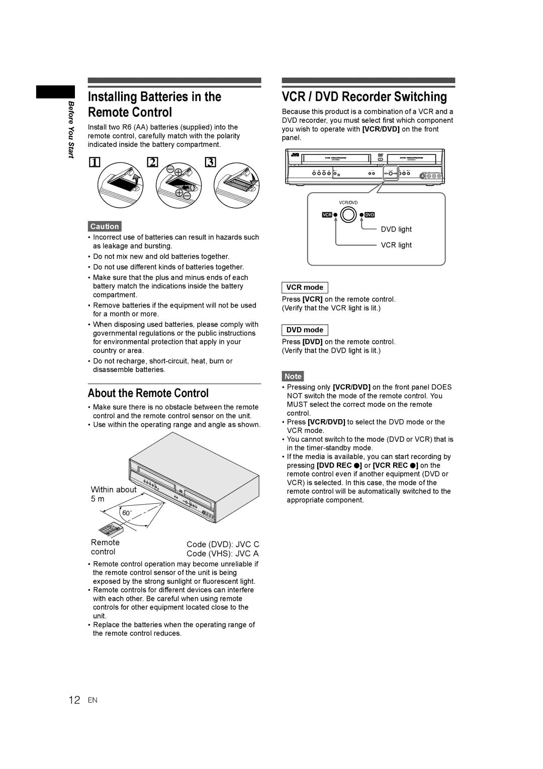 JVC E9770ED/1VMN, 0905TNH-FN-FN Installing Batteries, VCR / DVD Recorder Switching, About the Remote Control, 12 EN 