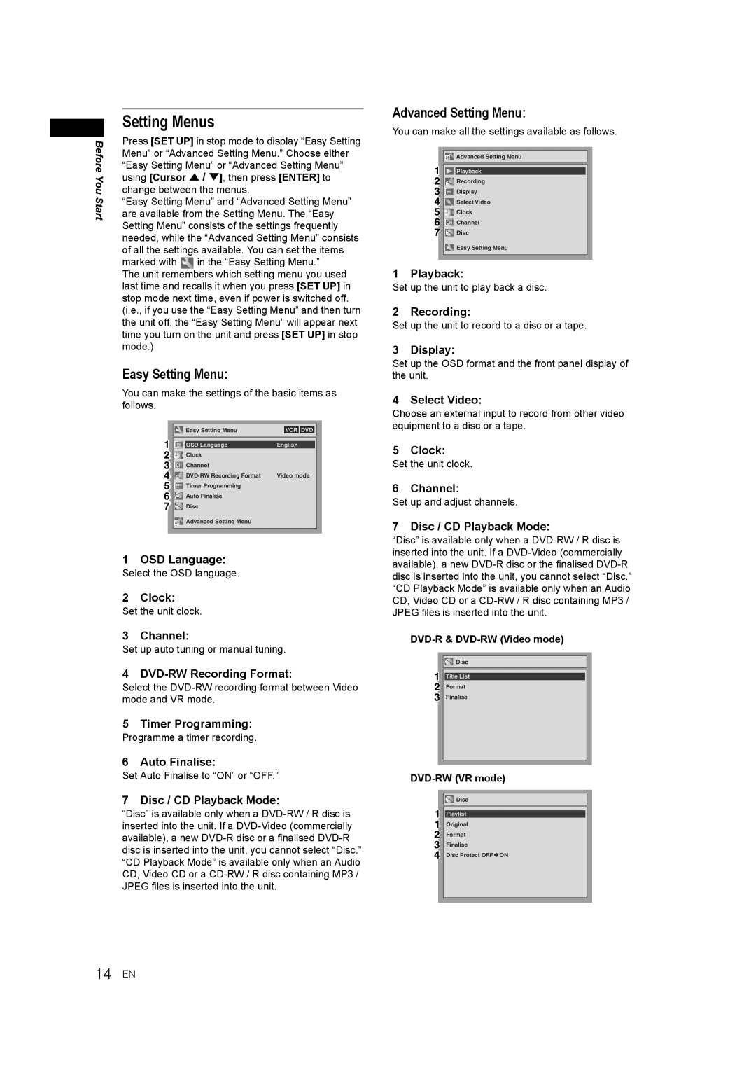 JVC E9770ED/1VMN, 0905TNH-FN-FN manual Setting Menus, 14 EN, Easy Setting Menu, Advanced Setting Menu 