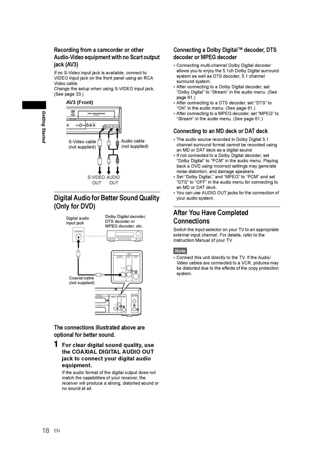 JVC E9770ED/1VMN manual Digital Audio for Better Sound Quality Only for DVD, After You Have Completed, Connections, 18 EN 