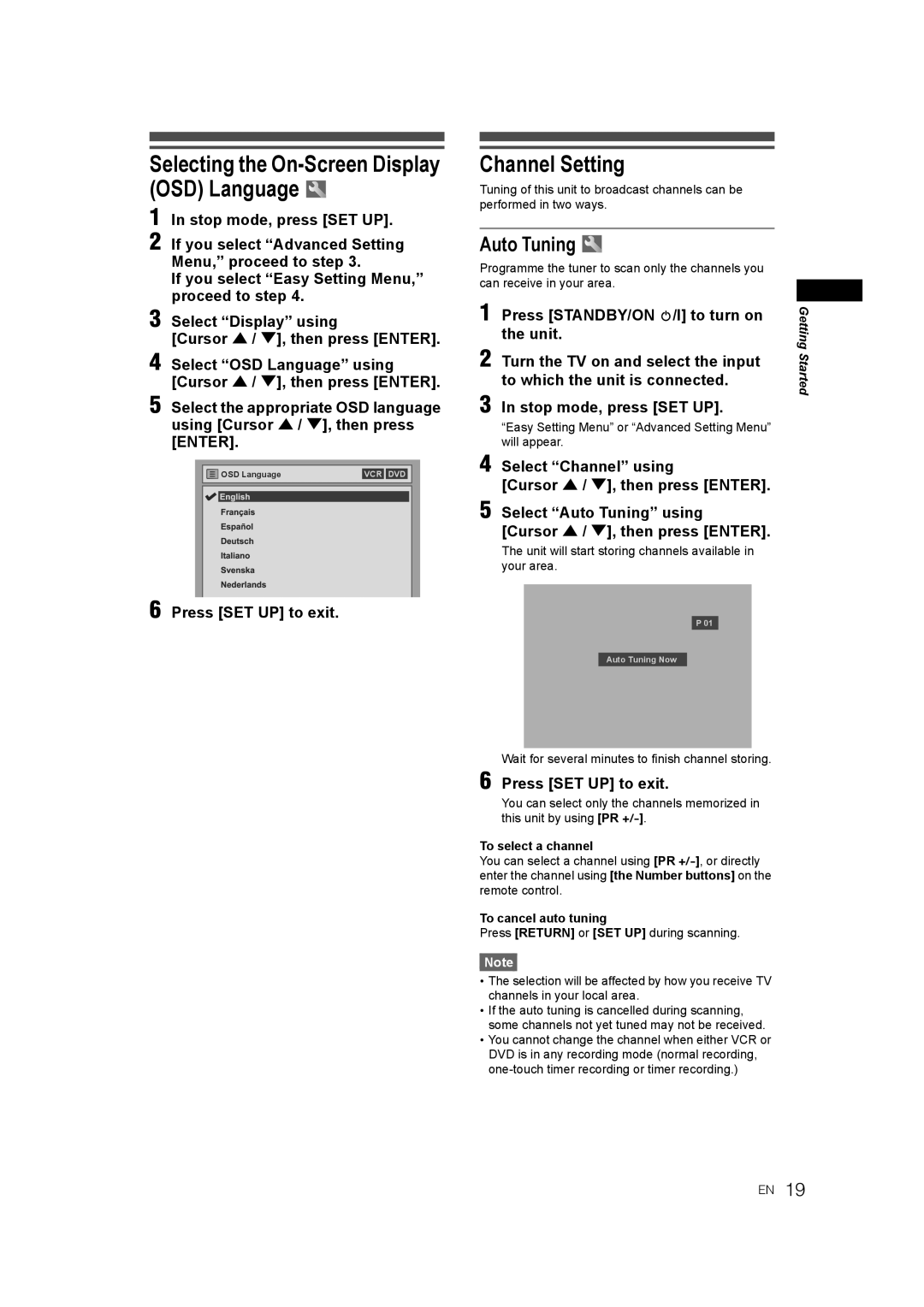 JVC 0905TNH-FN-FN manual Selecting the On-Screen Display OSD Language, Channel Setting, Auto Tuning, Press SET UP to exit 