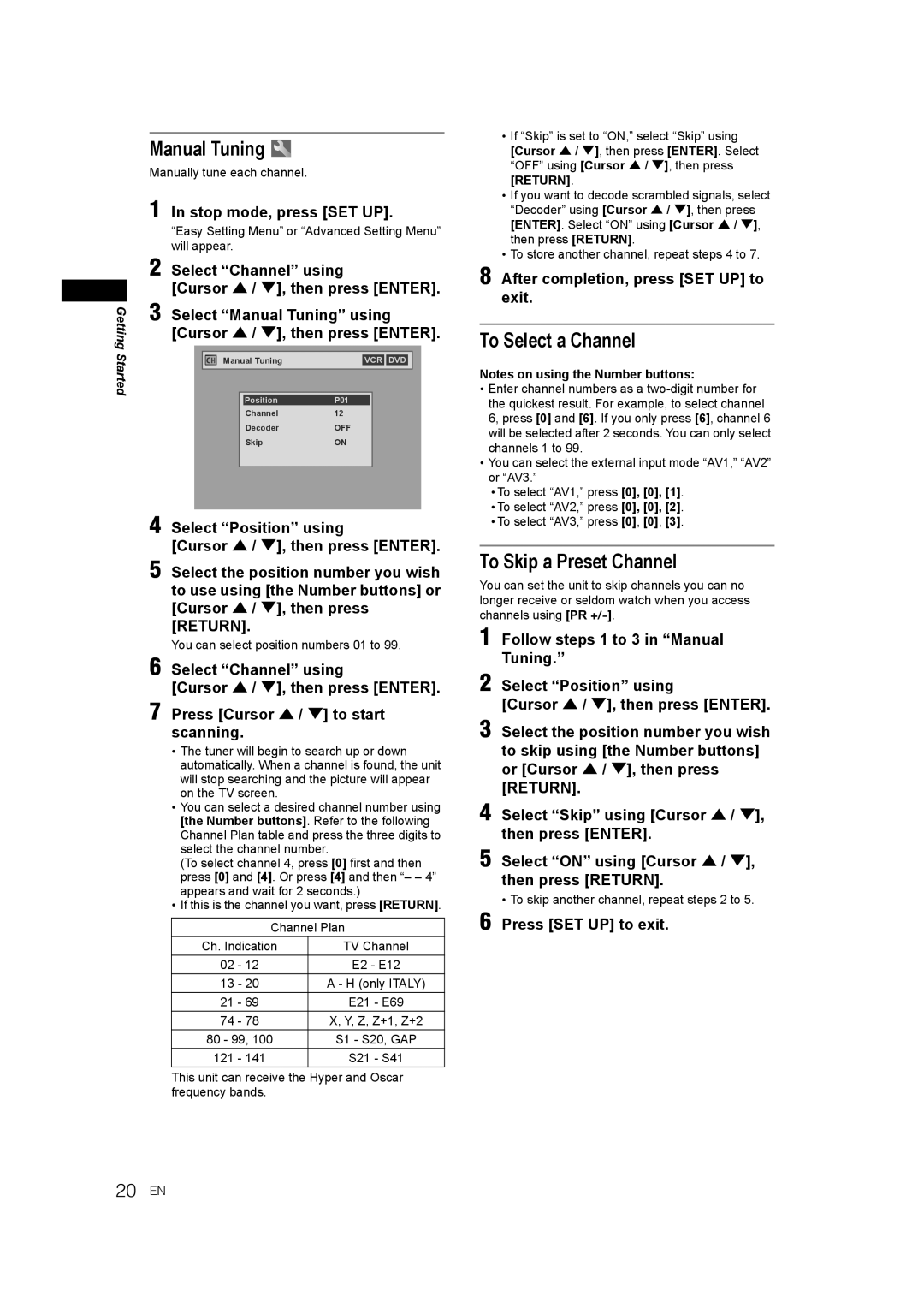 JVC E9770ED/1VMN, 0905TNH-FN-FN manual Manual Tuning, To Select a Channel, To Skip a Preset Channel, 20 EN 