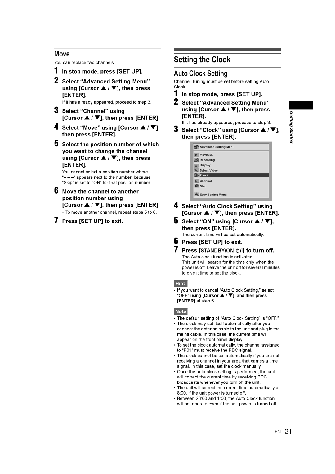 JVC 0905TNH-FN-FN manual Setting the Clock, Move, Auto Clock Setting, Select Clock using Cursor U / D, then press Enter 