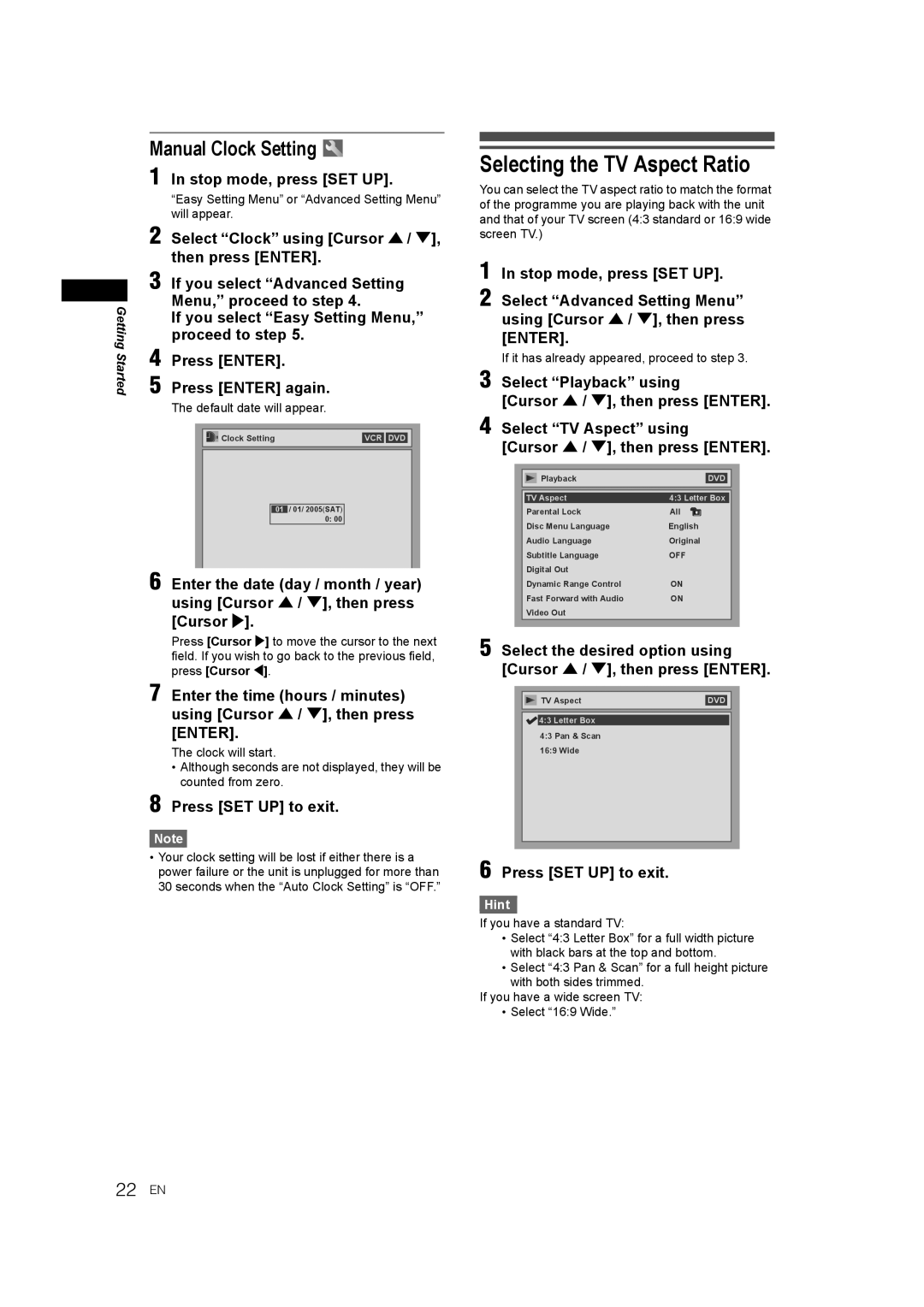 JVC E9770ED/1VMN, 0905TNH-FN-FN manual Selecting the TV Aspect Ratio, Manual Clock Setting, 22 EN, If you have a standard TV 