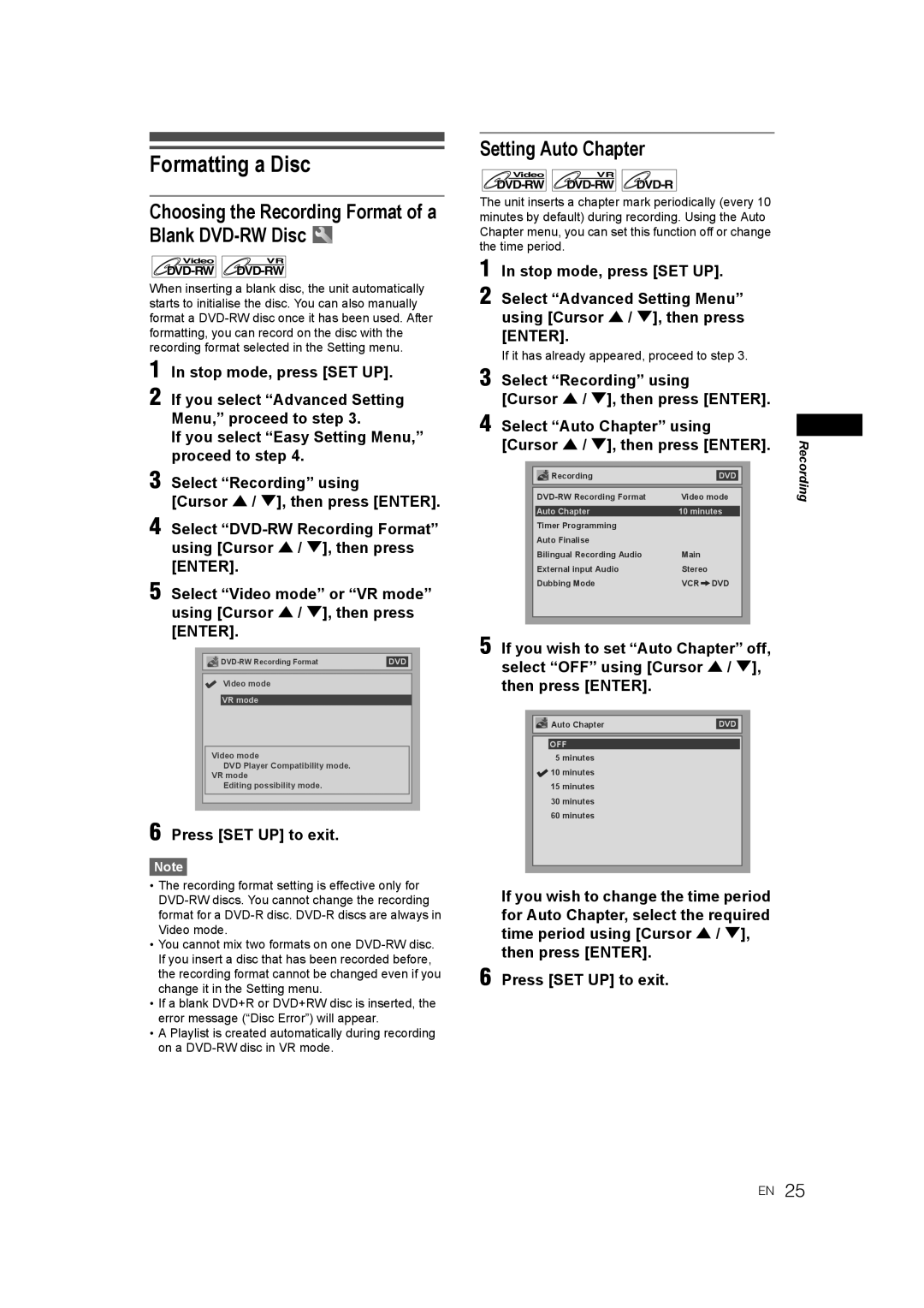 JVC 0905TNH-FN-FN manual Formatting a Disc, Choosing the Recording Format of a Blank DVD-RW Disc, Setting Auto Chapter 