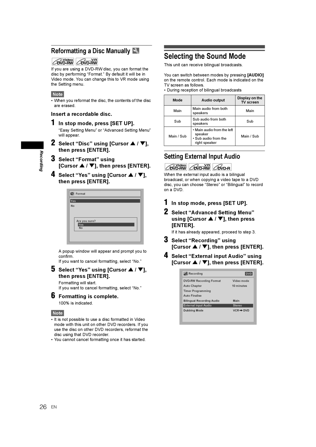 JVC E9770ED/1VMN manual Selecting the Sound Mode, Reformatting a Disc Manually, Setting External Input Audio, 26 EN 