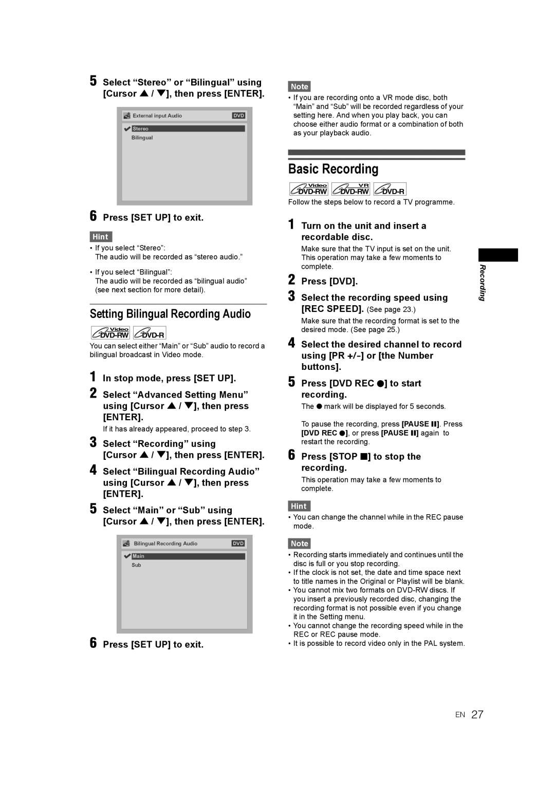 JVC 0905TNH-FN-FN manual Basic Recording, Setting Bilingual Recording Audio, Turn on the unit and insert a recordable disc 