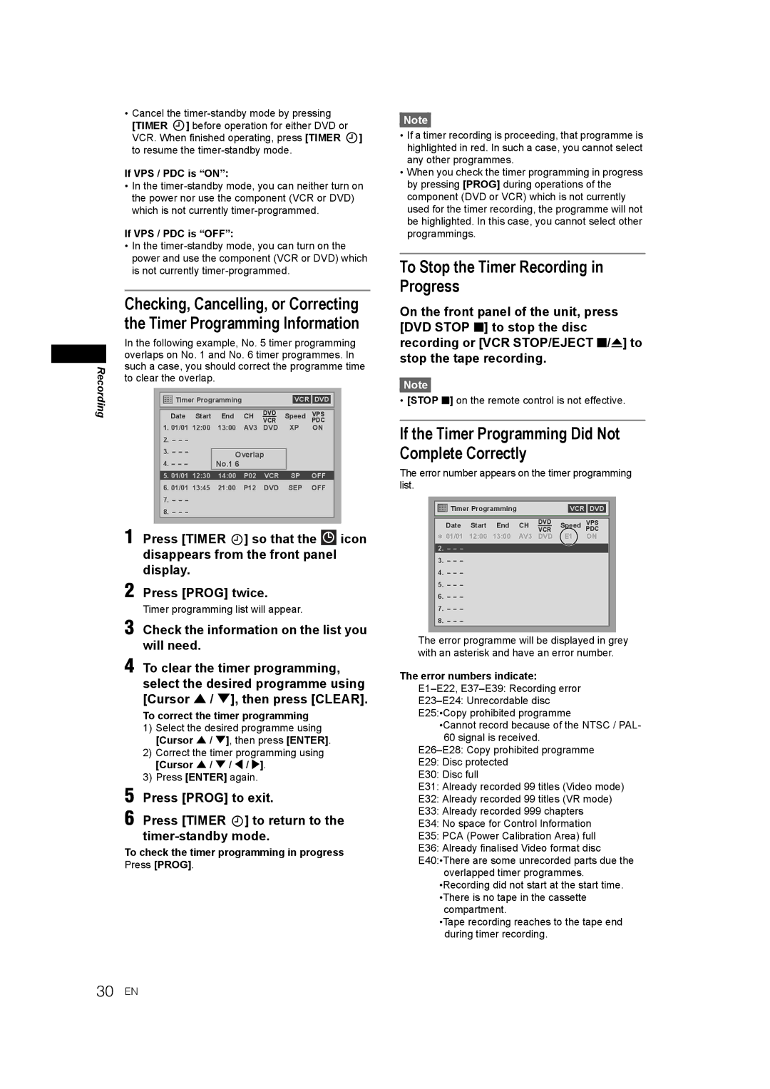 JVC E9770ED/1VMN manual To Stop the Timer Recording in Progress, If the Timer Programming Did Not Complete Correctly, 30 EN 