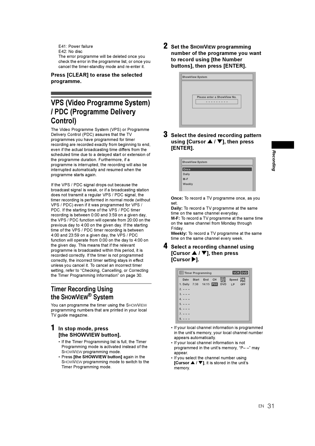 JVC 0905TNH-FN-FN manual VPS Video Programme System PDC Programme Delivery Control, Timer Recording Using Showview System 