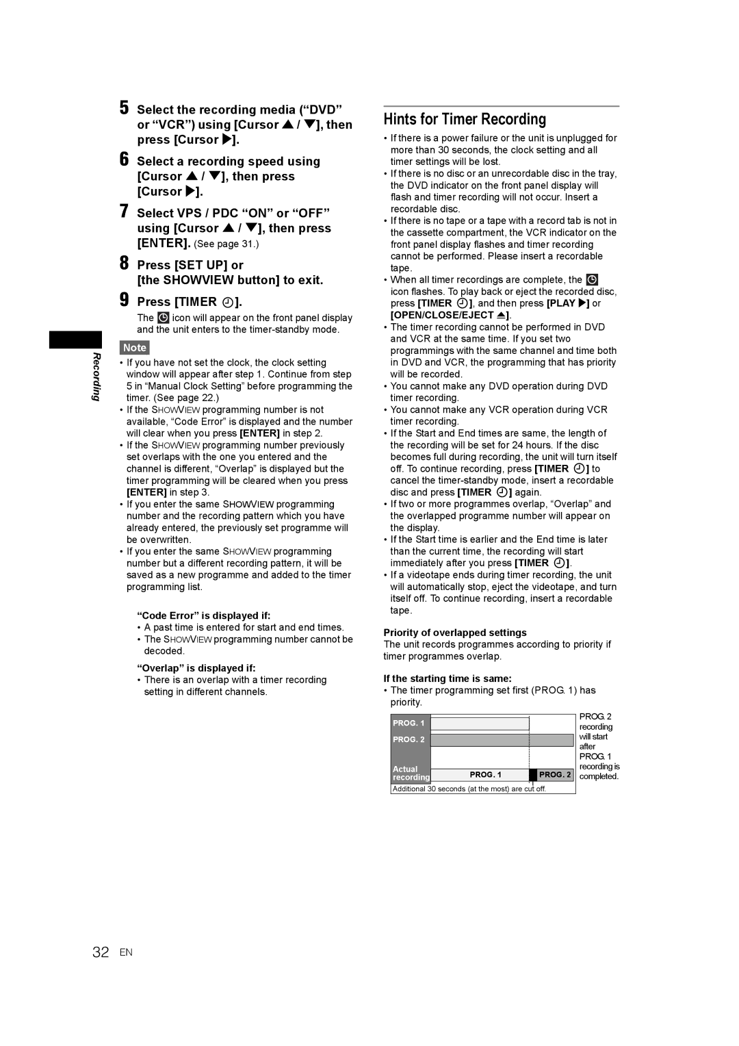 JVC E9770ED/1VMN, 0905TNH-FN-FN manual Hints for Timer Recording, 32 EN, Press SET UP or, Showview button to exit 