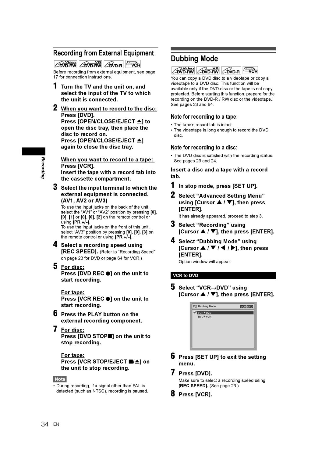 JVC E9770ED/1VMN, 0905TNH-FN-FN manual Dubbing Mode, Recording from External Equipment, 34 EN 