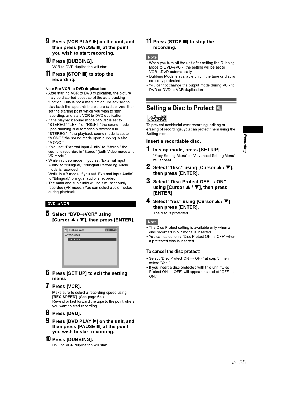 JVC 0905TNH-FN-FN Setting a Disc to Protect, To cancel the disc protect, Insert a recordable disc Stop mode, press SET UP 