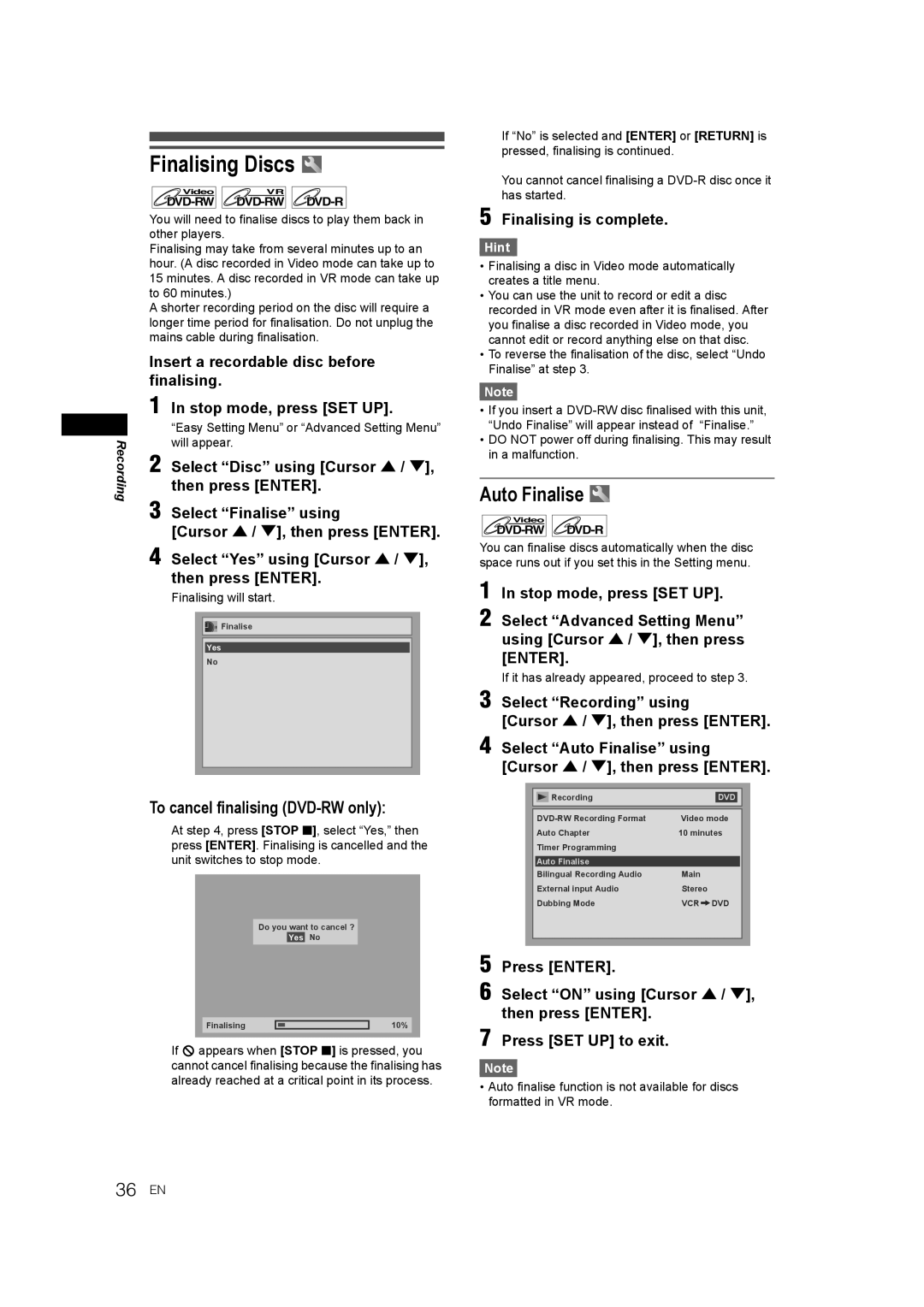 JVC E9770ED/1VMN, 0905TNH-FN-FN manual Finalising Discs, Auto Finalise, 36 EN, To cancel finalising DVD-RW only 