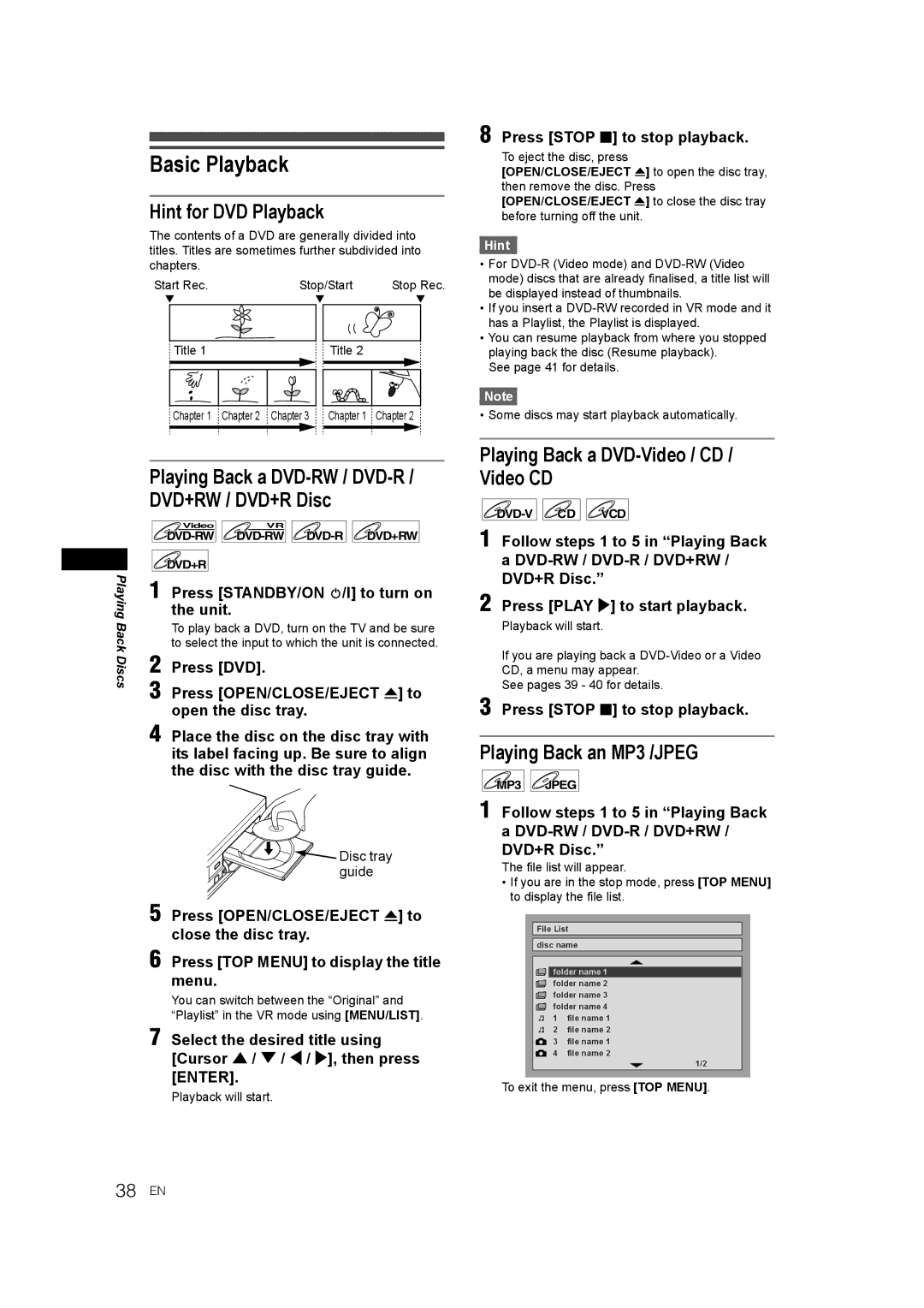 JVC E9770ED/1VMN, 0905TNH-FN-FN Basic Playback, Hint for DVD Playback, Playing Back a DVD-RW / DVD-R DVD+RW / DVD+R Disc 