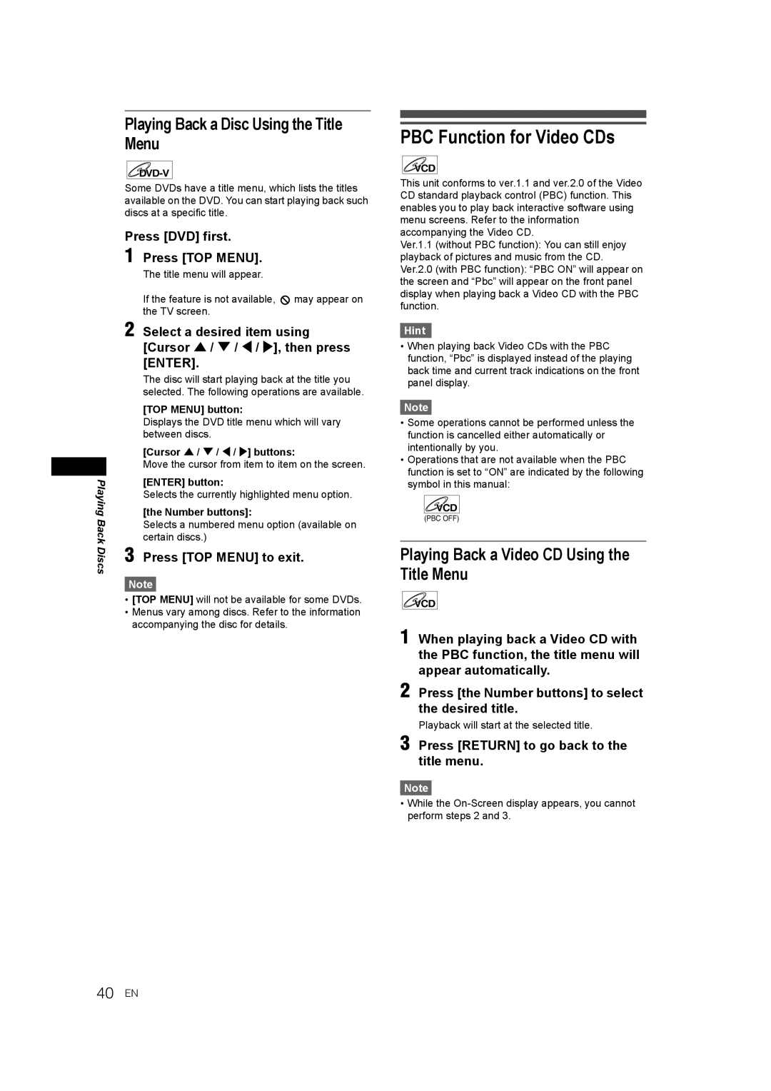 JVC E9770ED/1VMN, 0905TNH-FN-FN manual PBC Function for Video CDs, Playing Back a Disc Using the Title Menu, 40 EN 