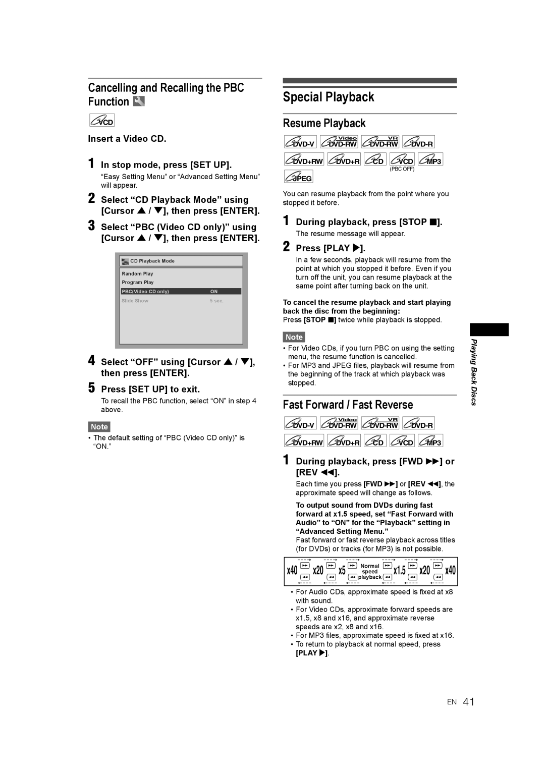 JVC 0905TNH-FN-FN, E9770ED/1VMN manual Special Playback, Cancelling and Recalling the PBC Function, Resume Playback 